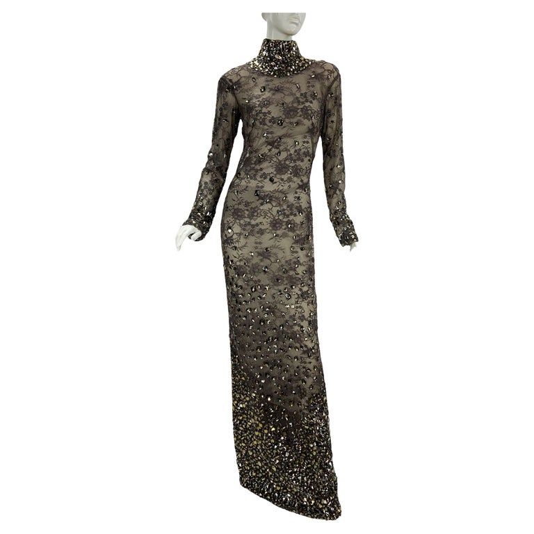 New $20.000 Tom Ford *Broken Mirror* Lace Smokey Gray Crystal Beaded Dress  It 42 For Sale at 1stDibs