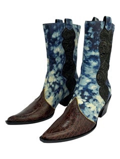 NEW 2000s Roberto Cavalli Blue Abstract Leather Croc Cowgirl Boots