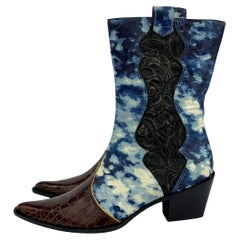 NEW 2000s Roberto Cavalli Blue Abstract Leather Croc Cowgirl Boots