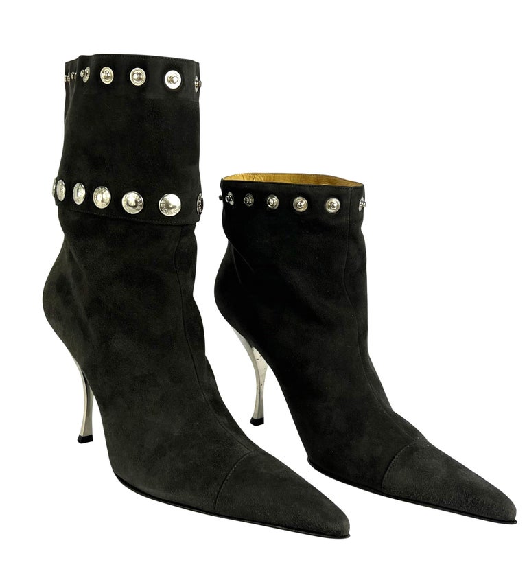 Black NEW 2003 Dolce and Gabbana Dark Grey Silver-Tone Snap Heel Boots Size 38.5 For Sale