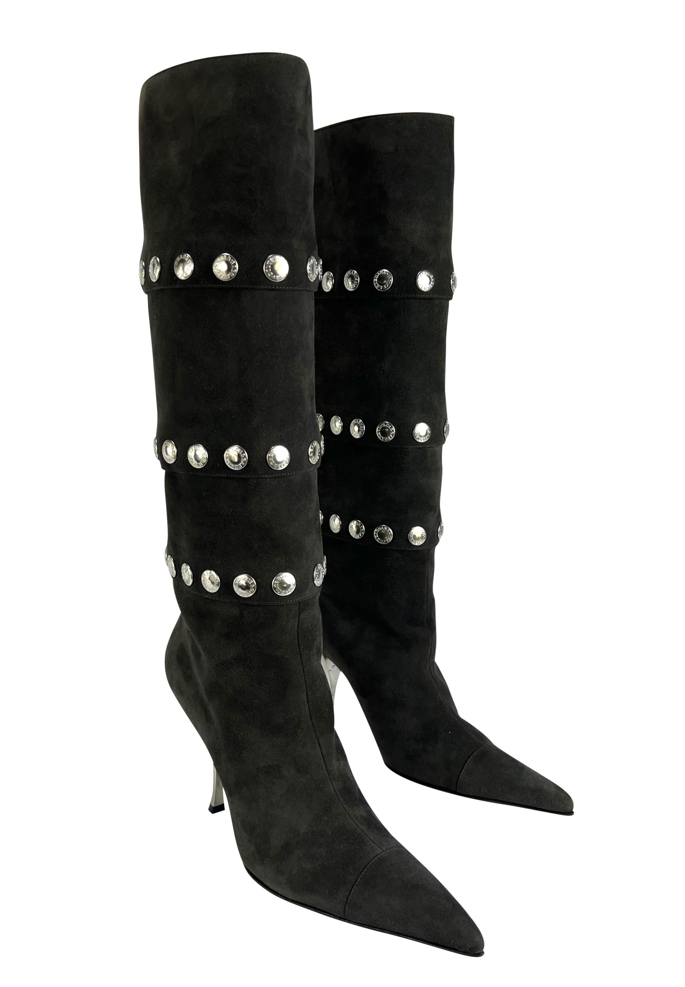 Black NEW 2003 Dolce and Gabbana Dark Grey Silver-Tone Snap Heel Boots Size 38.5 For Sale