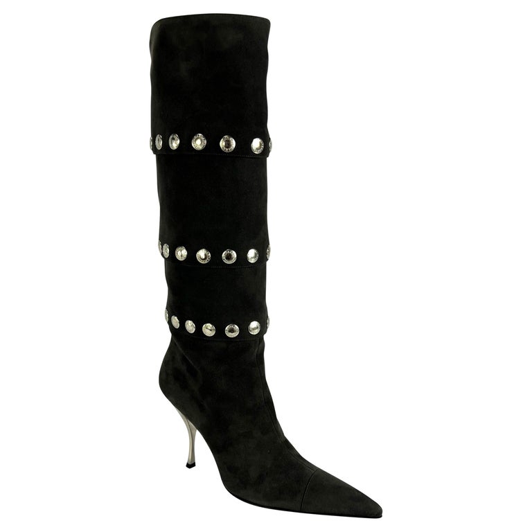 NEW 2003 Dolce and Gabbana Dark Grey Silver-Tone Snap Heel Boots Size 38.5 For Sale