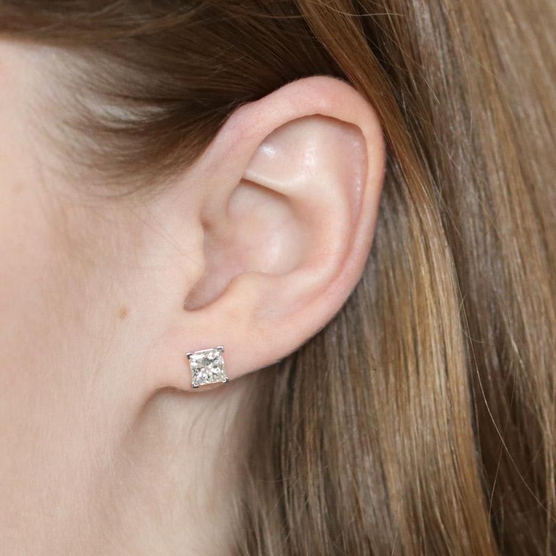 Women's 2.00 Carat Princess Cut Diamond Earrings, 14 Karat White Gold Pierced Studs