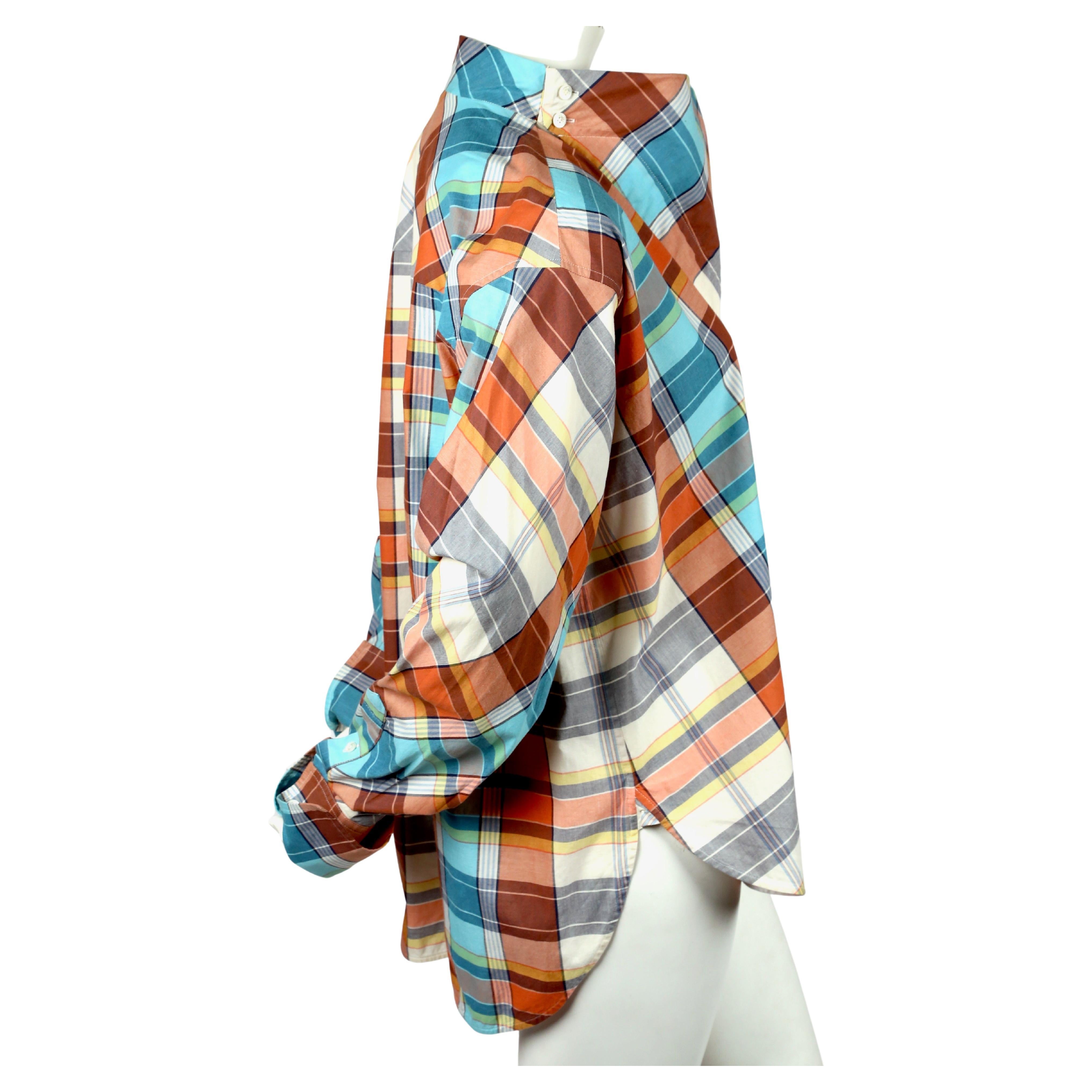 Plaid cotton runway top with draped neckline and French cuffs designed by Phoebe Philo for Celine exactly as seen on the fall 2013 runway. French size 38. Approximate measurements: dropped shoulder 20