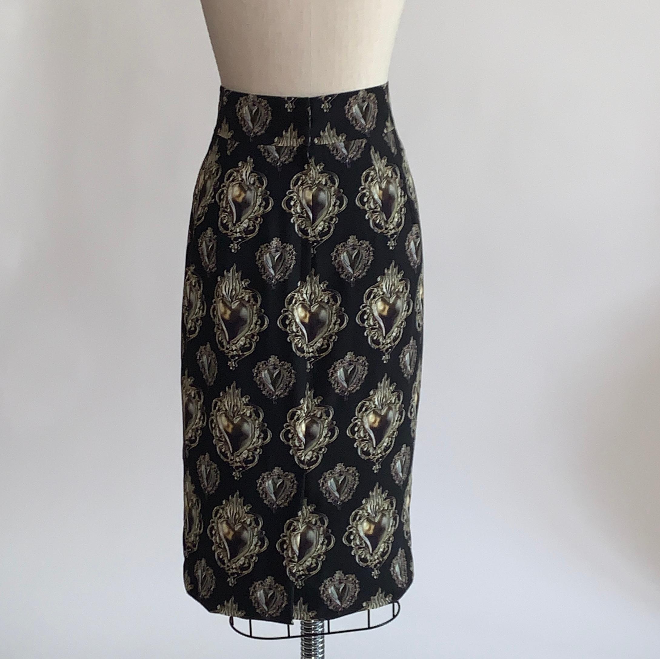 Women's New 2015 Dolce & Gabbana Sacred Heart Print Pencil Skirt in Black and Gold