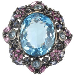 New 20.18 Carat Topaz Sapphires Tanzanites Silver Cocktail Ring