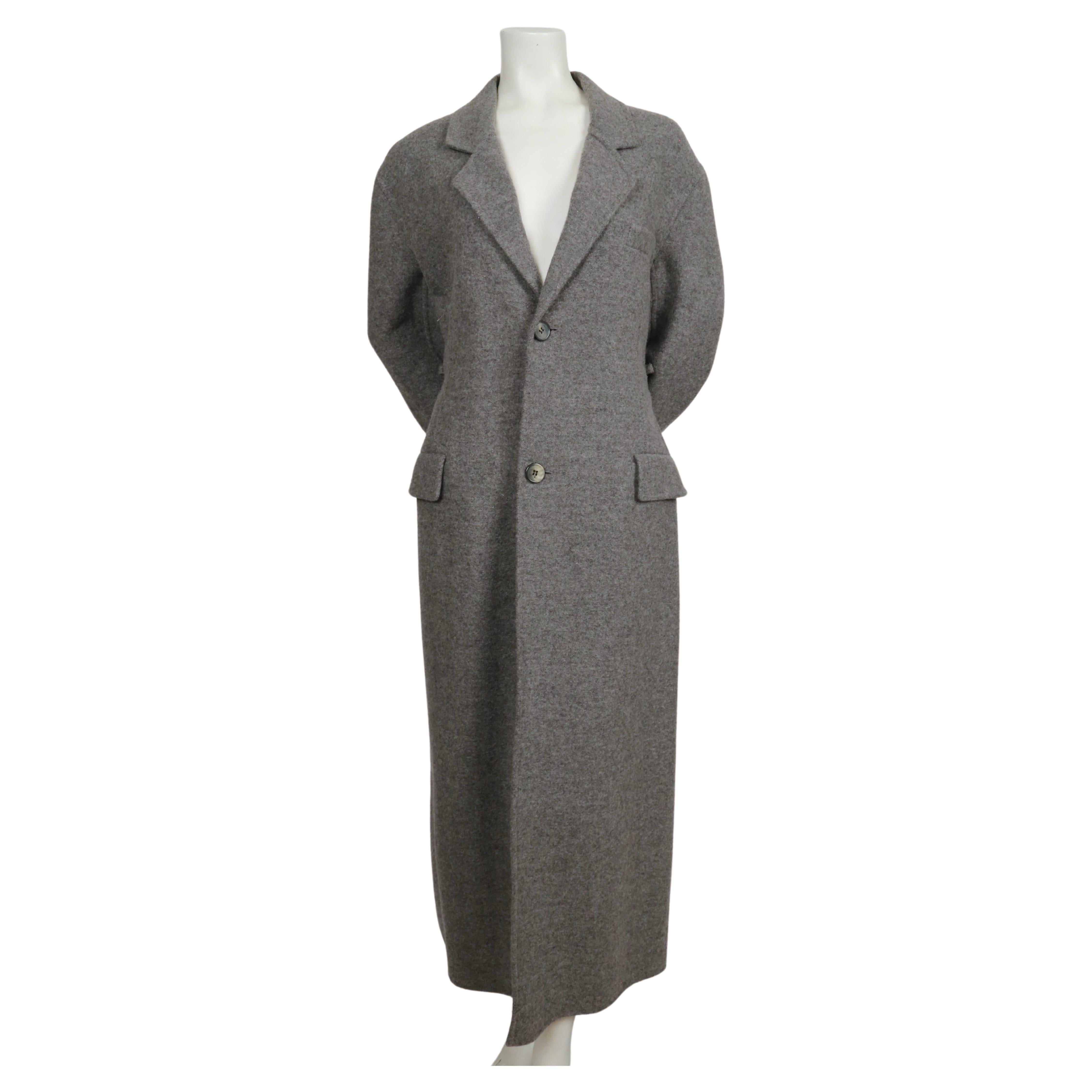 Full length, heathered-grey, fuzzy wool coat with extra long half belt designed by Phoebe Philo for Celine dating to fall of 2018 collection.  French size 36. Approximate measurements: dropped shoulder 21