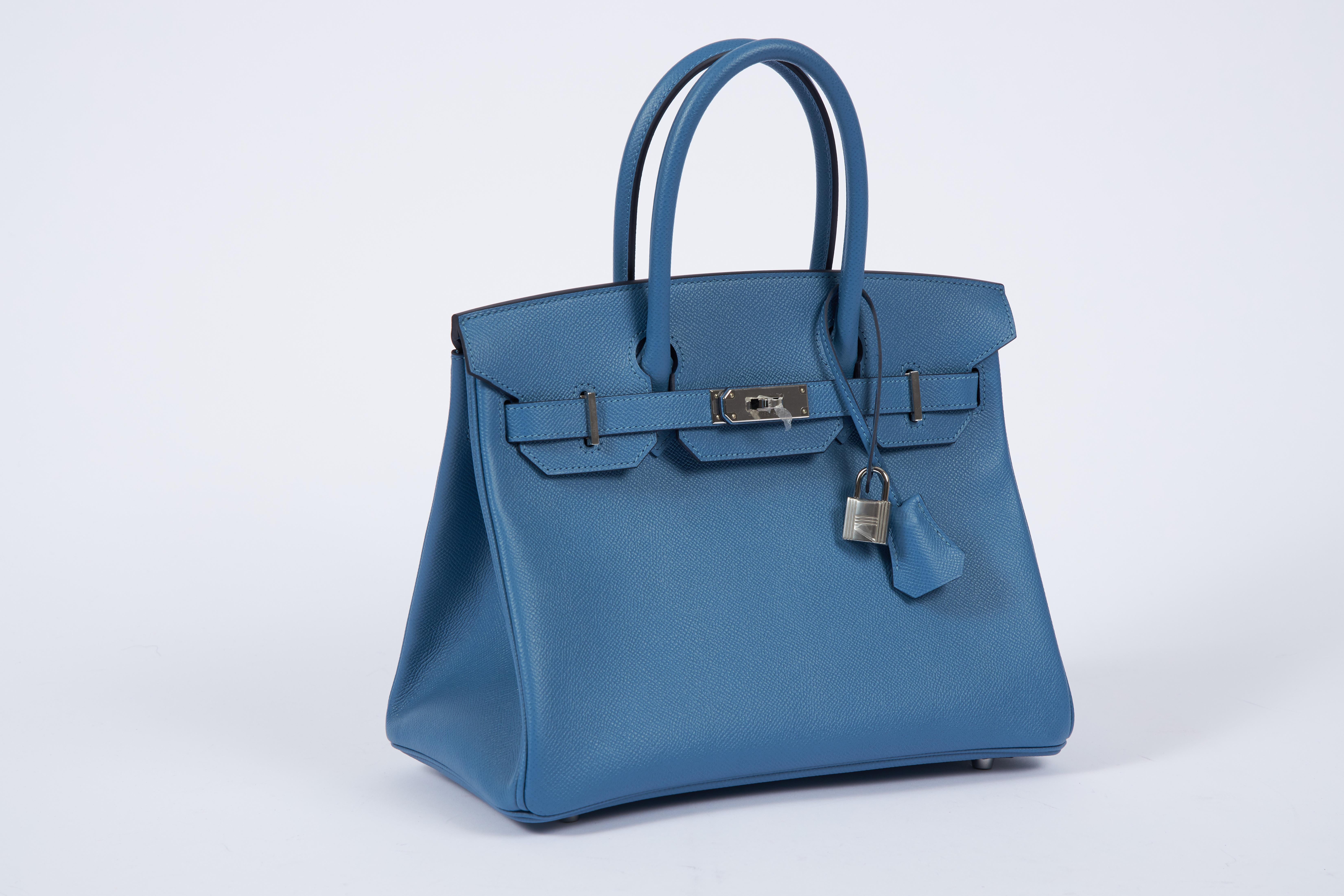 Hermès 30cm Birkin in blue azur togo leather with palladium hardware. Handle drop, 3.75
