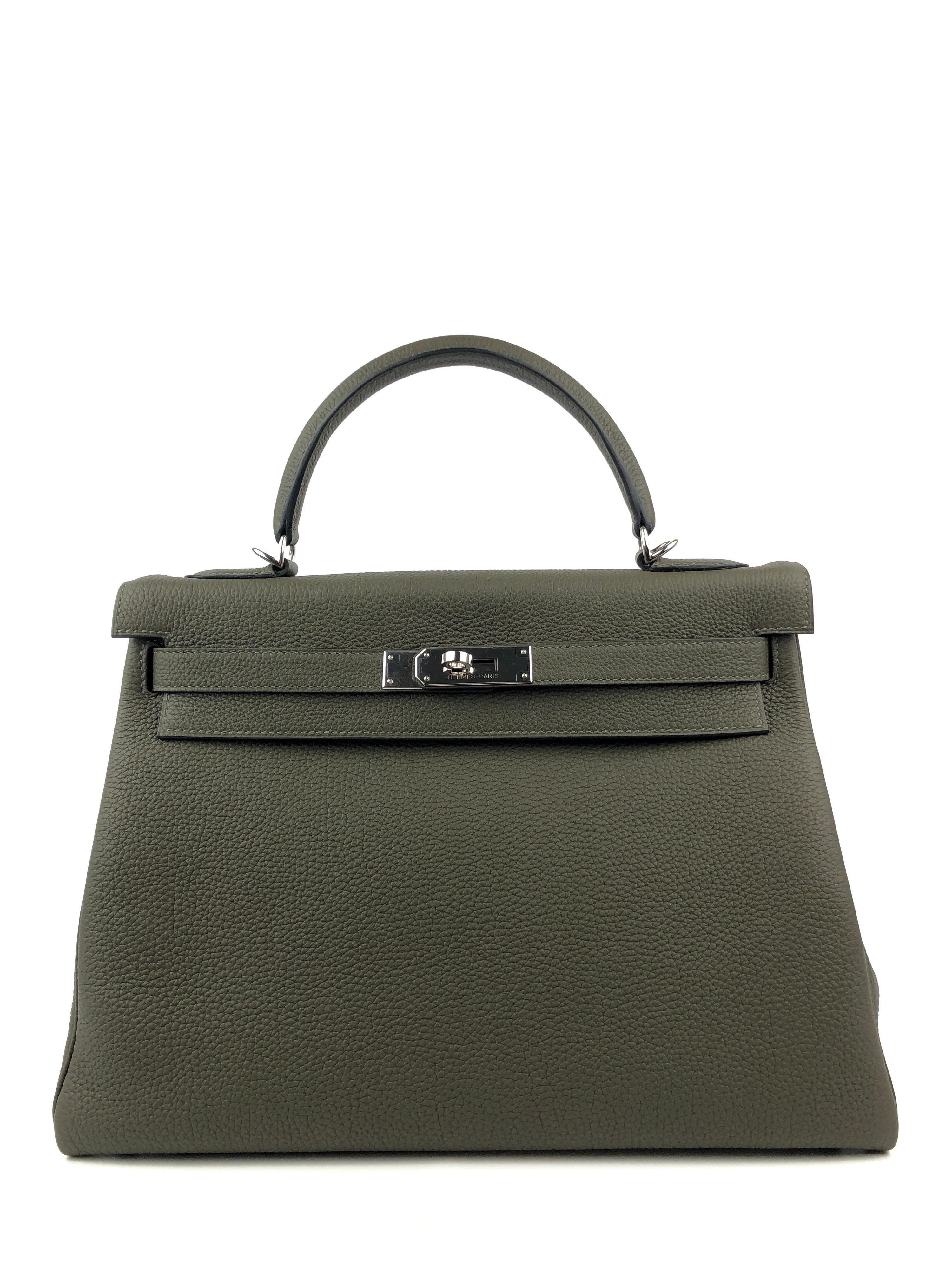 NEW 2020 Hermes Kelly 32 Vert Maquis Green Gray Togo Palladium Hardware. Y stamp 2020. From collectors closet, has been displayed and handled but never worn out. 

Shop with confidence from Lux Addicts. Authenticity guaranteed! 