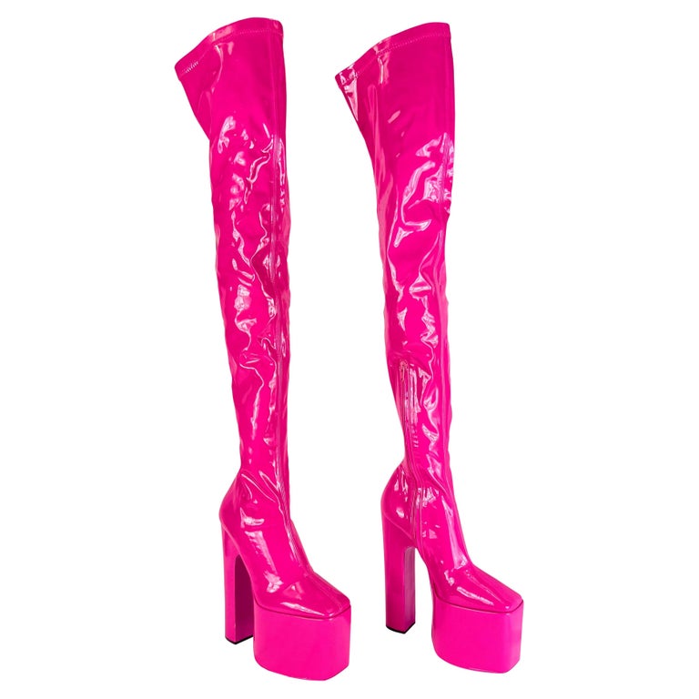 NEW 2022 Valentino Garavani Hot Pink Latex Platform Boots For Sale 2