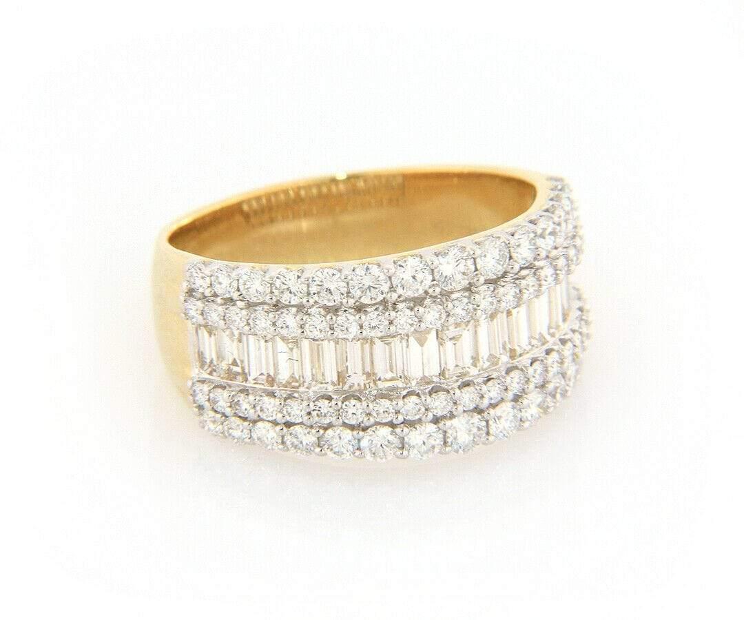 Round Cut New 2.02ctw Baguette and Round Diamond Five Row Ring in 14K Yellow Gold For Sale