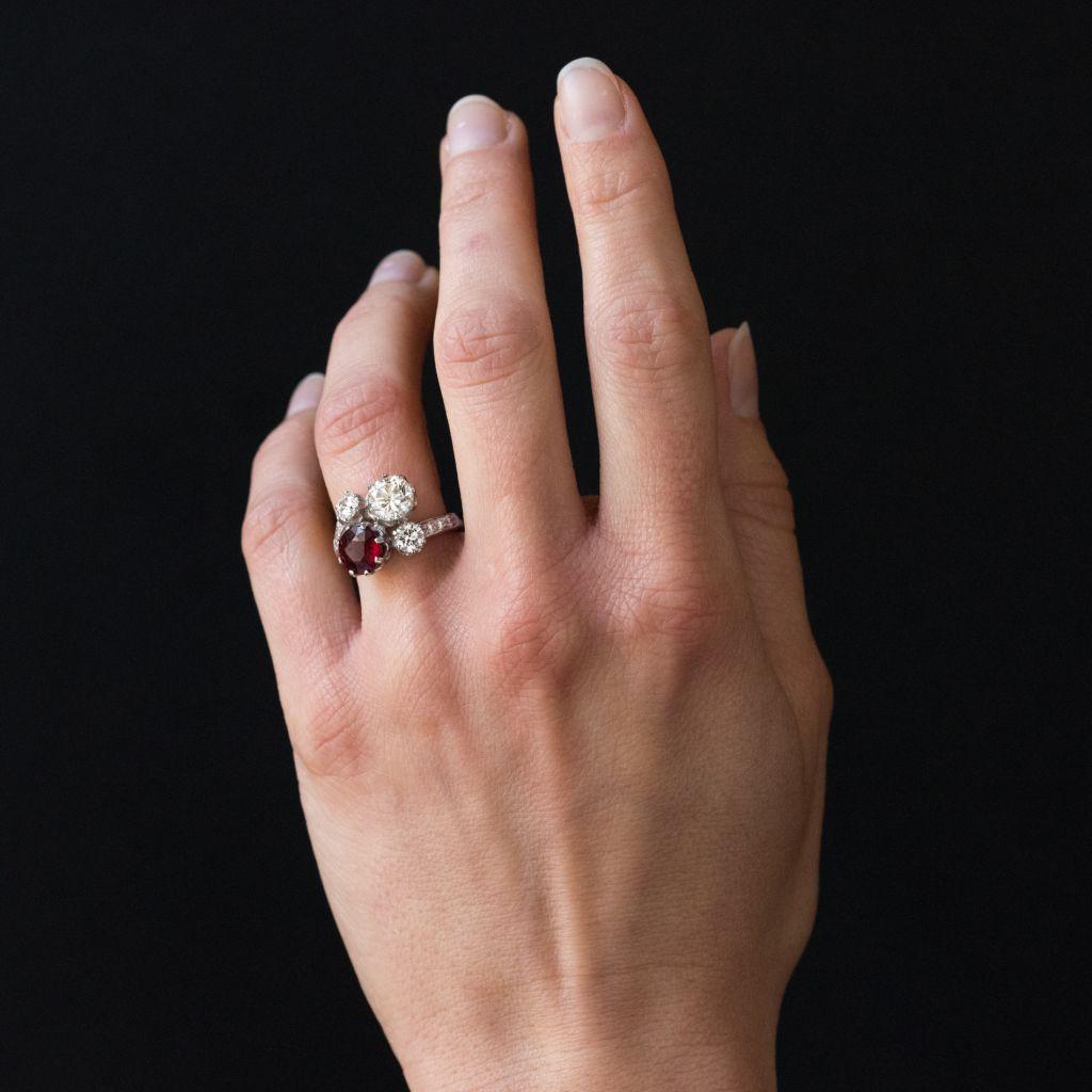 French 2.04 Carat Ruby Diamond 18 Karat White Gold Toi et Moi Engagement Ring For Sale 5