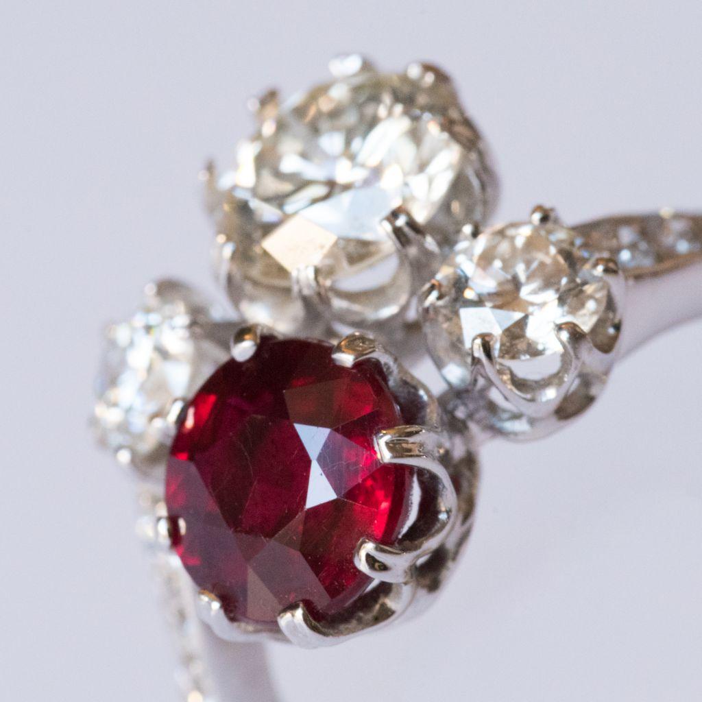 Brilliant Cut French 2.04 Carat Ruby Diamond 18 Karat White Gold Toi et Moi Engagement Ring For Sale