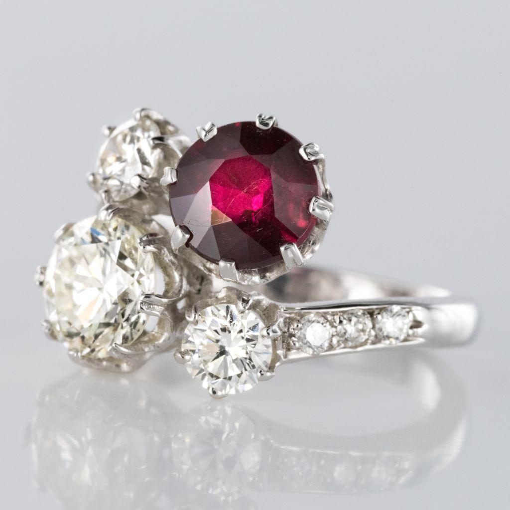 Women's French 2.04 Carat Ruby Diamond 18 Karat White Gold Toi et Moi Engagement Ring For Sale