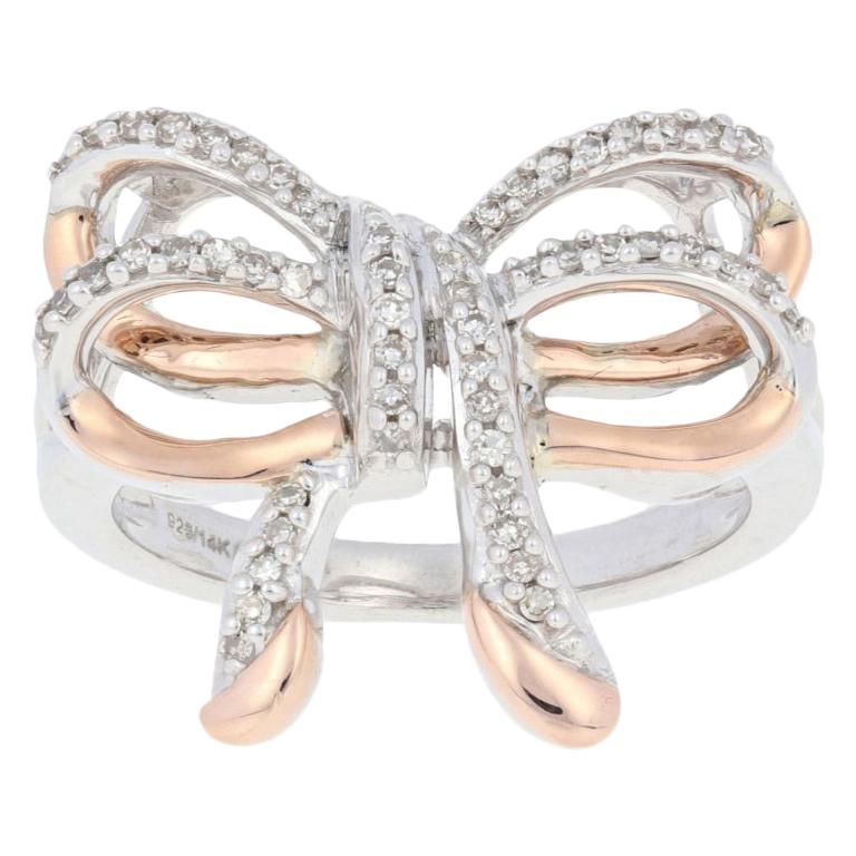 For Sale:  New .20ctw Single Cut Diamond Ring, Sterling Silver & 14k Rose Gold Bow Design