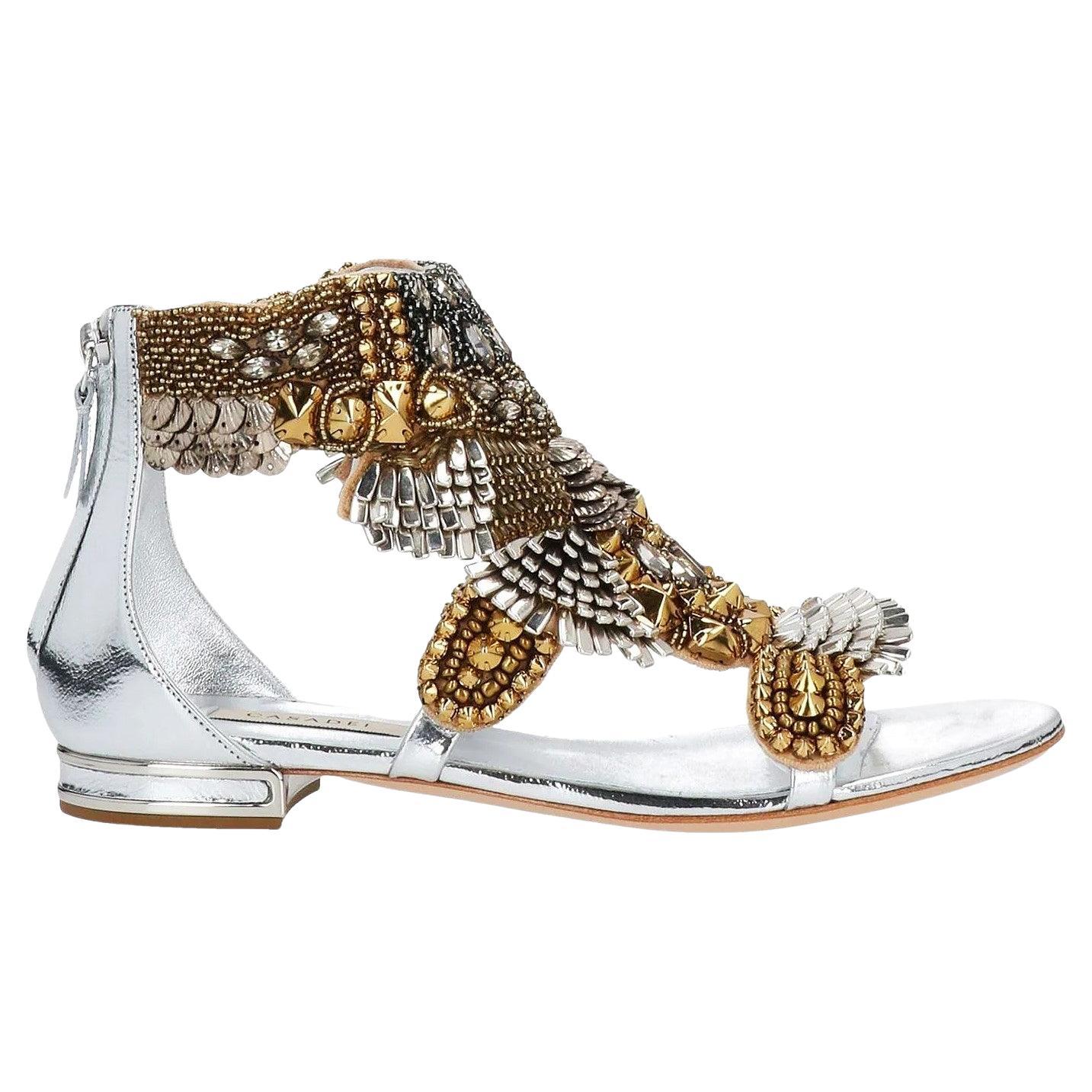 New $2100 Casadei Leather Gold Silver Studded Embellished Flat Sandals It 36 - 6