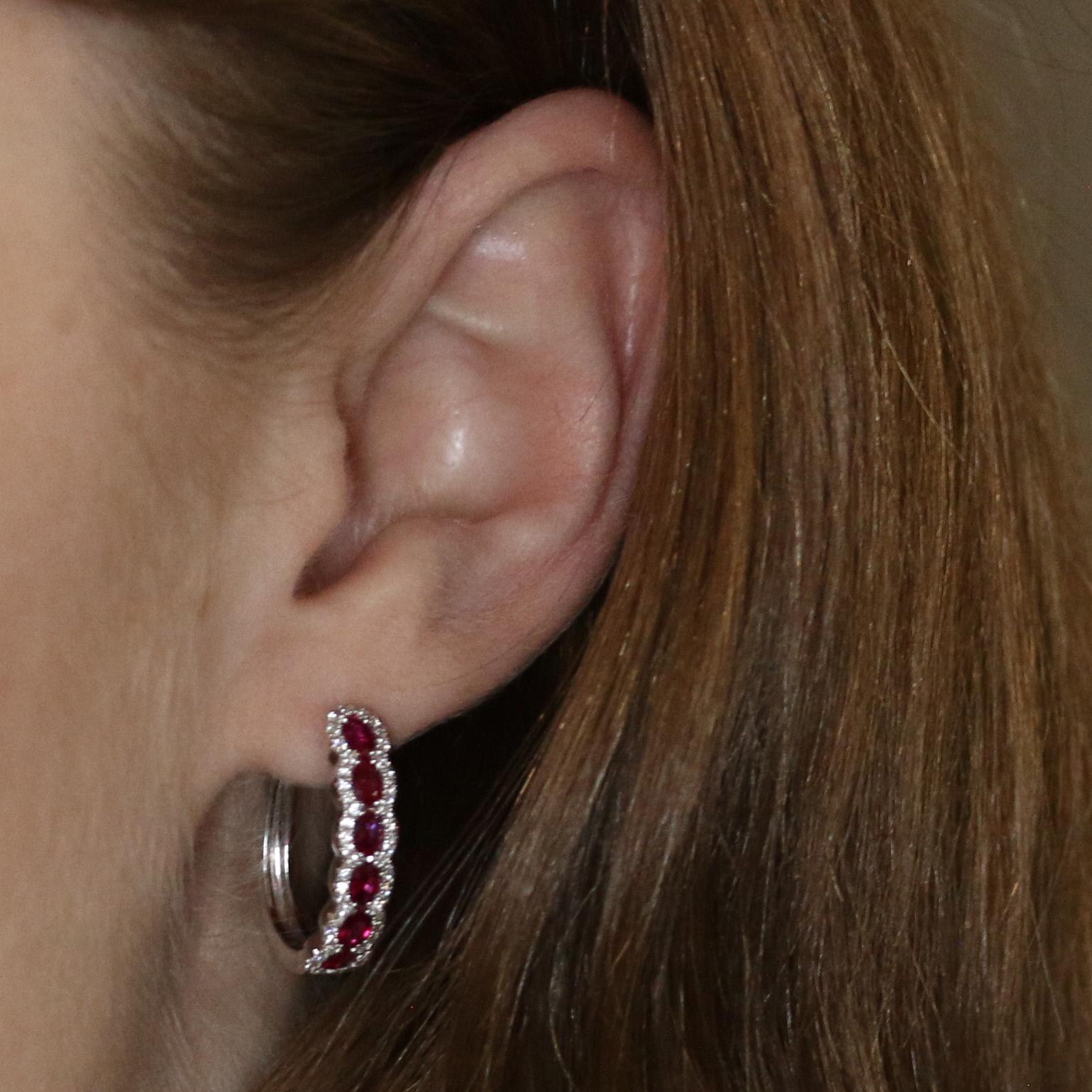 Women's or Men's 2.13 Carat Oval Cut Ruby and Diamond Earrings, 18 Karat White Gold Pierced Hoops