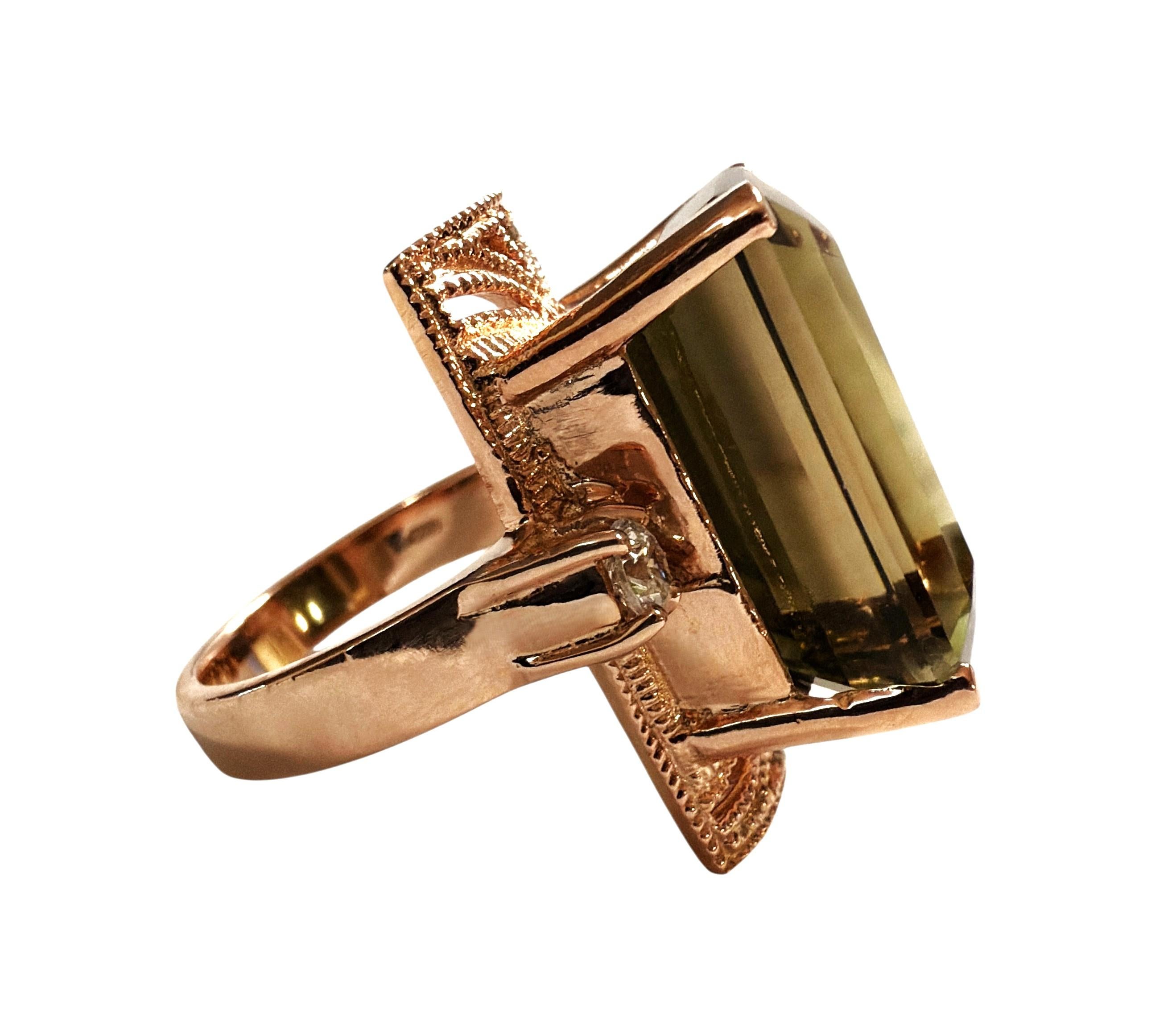 Art Deco New 22.10 Carat Green Tourmaline & Diamond Cut Sapphire R Gold PL Sterling Ring For Sale