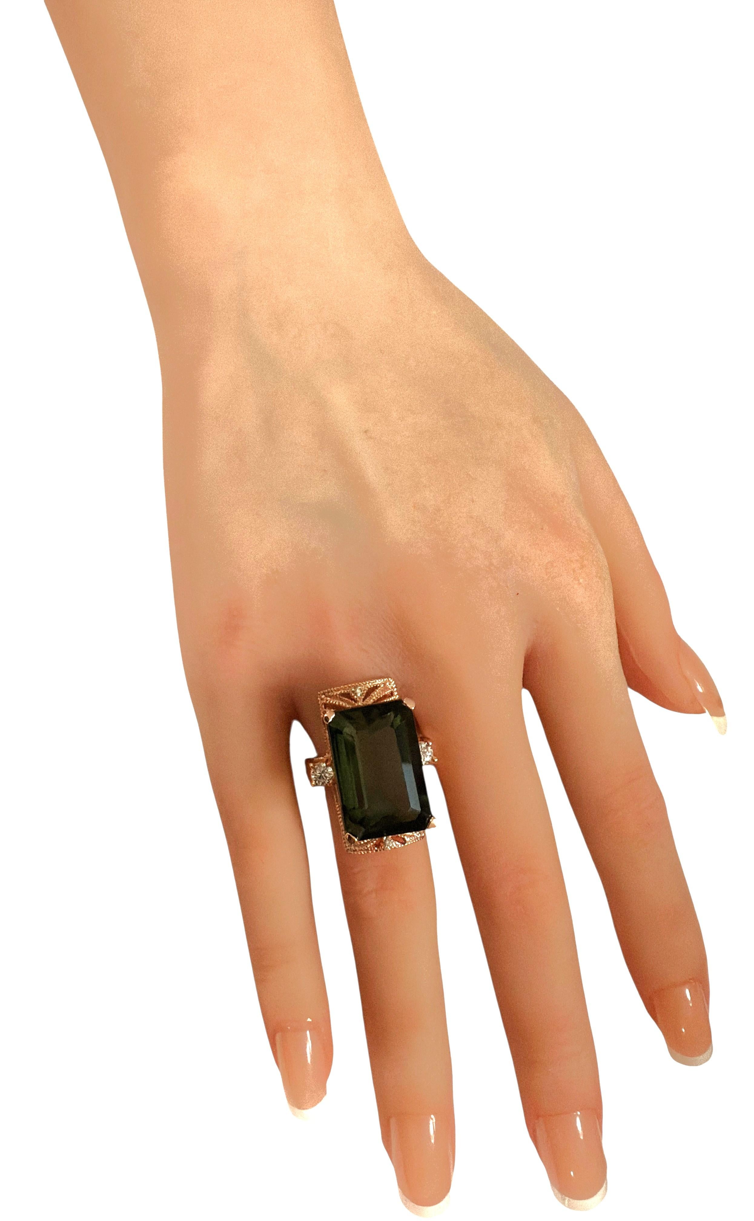 Baguette Cut New 22.10 Carat Green Tourmaline & Diamond Cut Sapphire R Gold PL Sterling Ring For Sale