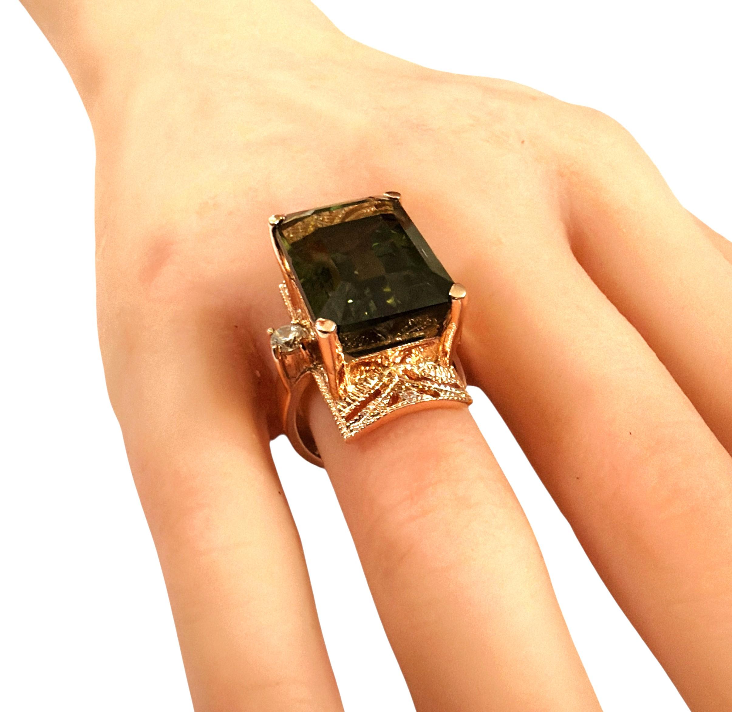 Women's New 22.10 Carat Green Tourmaline & Diamond Cut Sapphire R Gold PL Sterling Ring For Sale