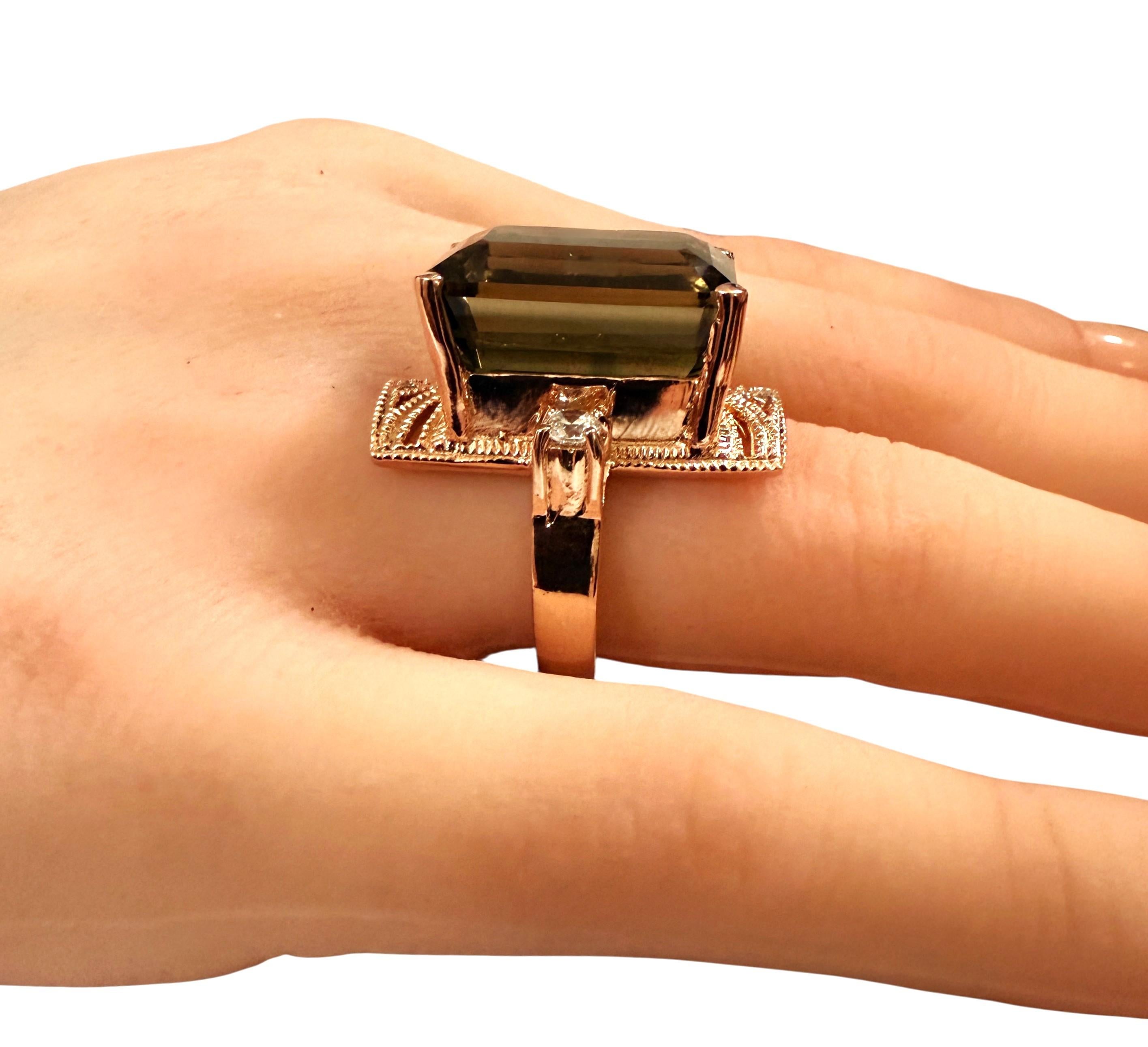 New 22.10 Carat Green Tourmaline & Diamond Cut Sapphire R Gold PL Sterling Ring For Sale 2