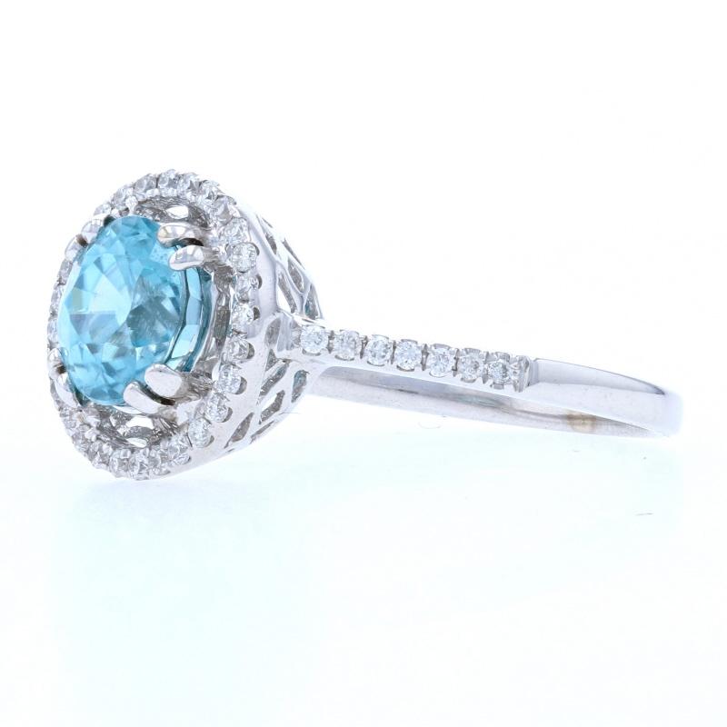 2.24 Carat Round Cut Blue Zircon and Diamond Ring, 14 Karat White Gold Halo In New Condition In Greensboro, NC