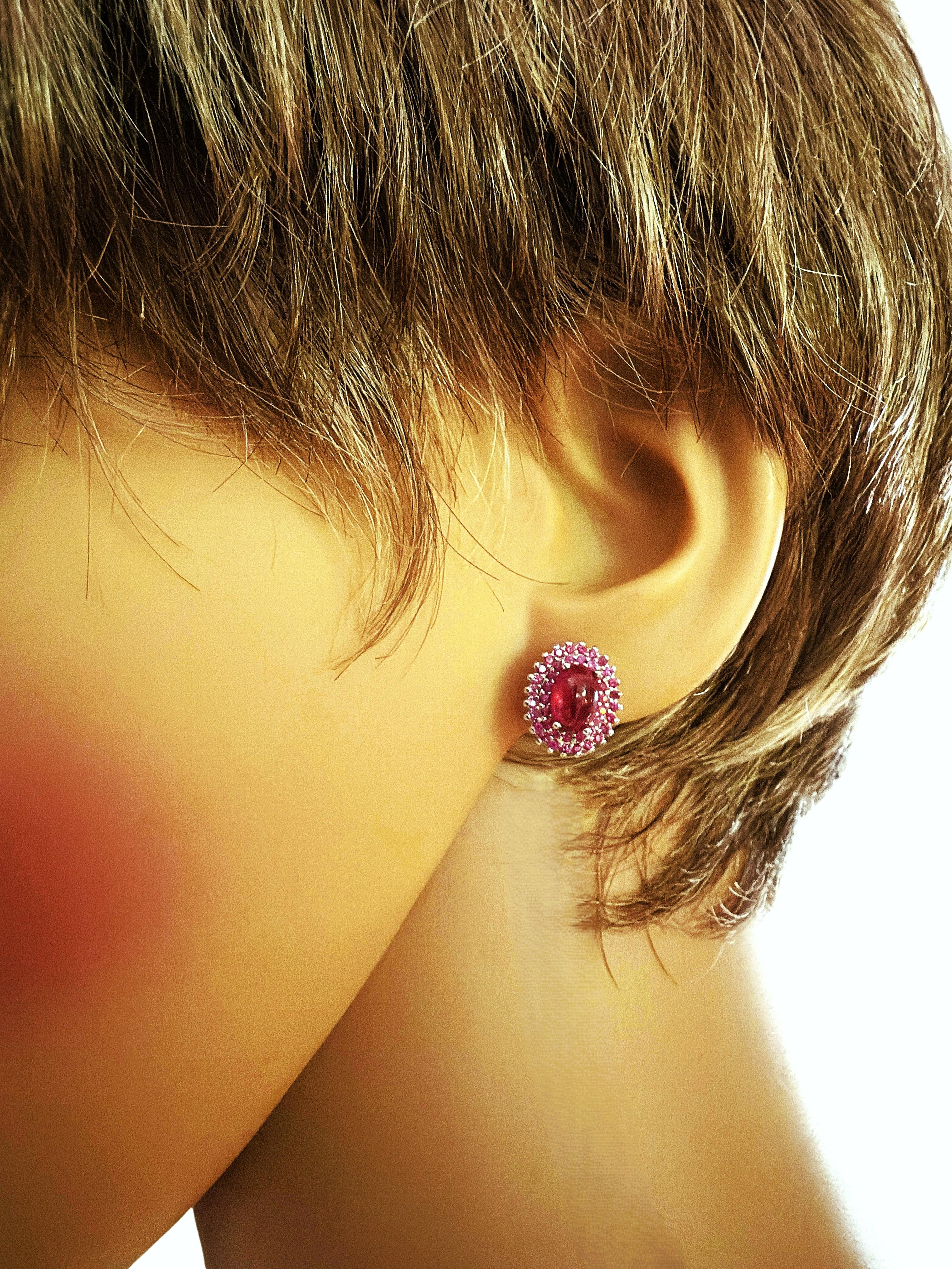 Art déco New 2.28 Carat Red Ruby Cabochon & Diamond Cut Ruby Sterling Earrings en vente