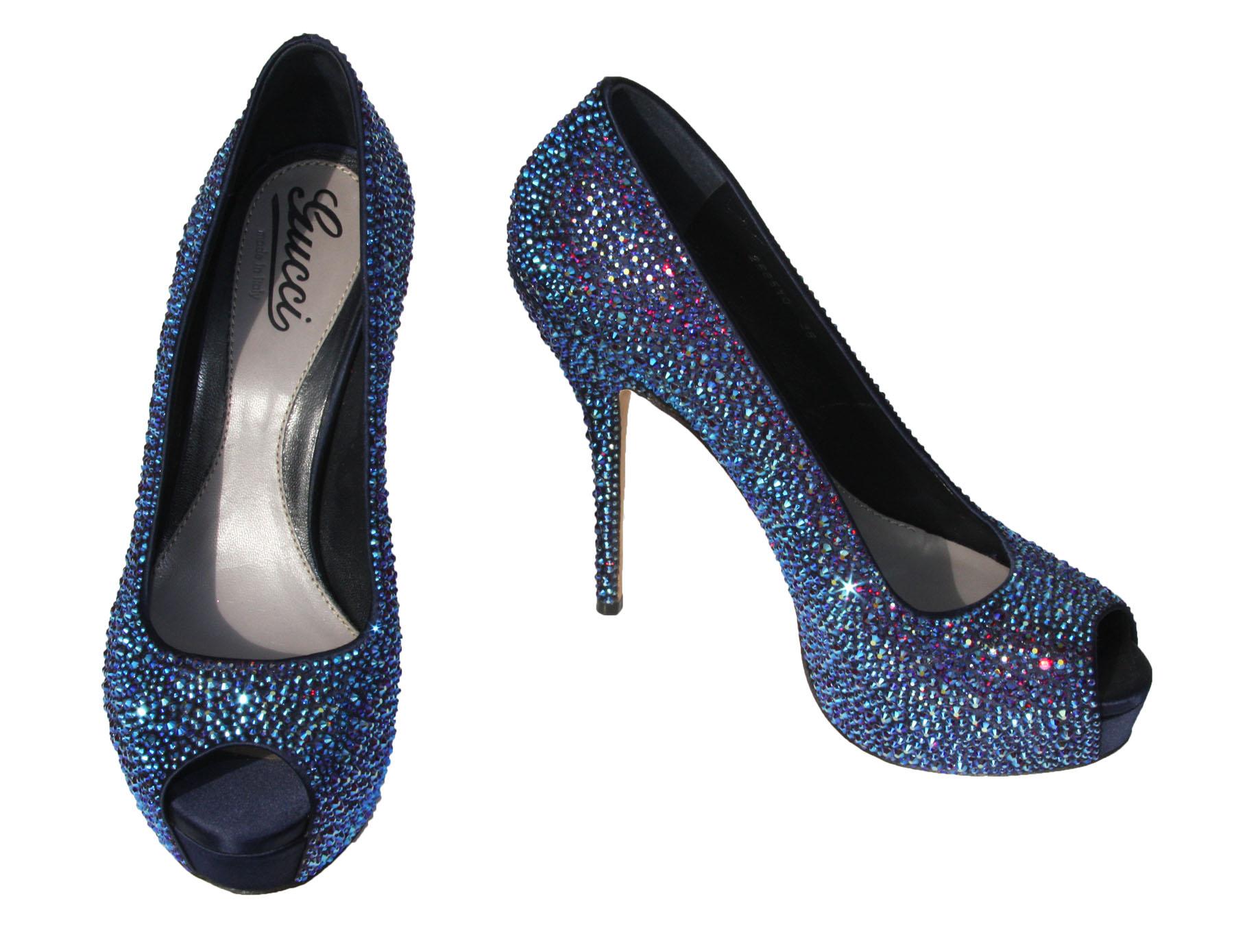 New $2 295 Gucci Sofia Etoile Blue Crystal Encrusted Peep Toe High-Heel Pump 38 Pour femmes en vente