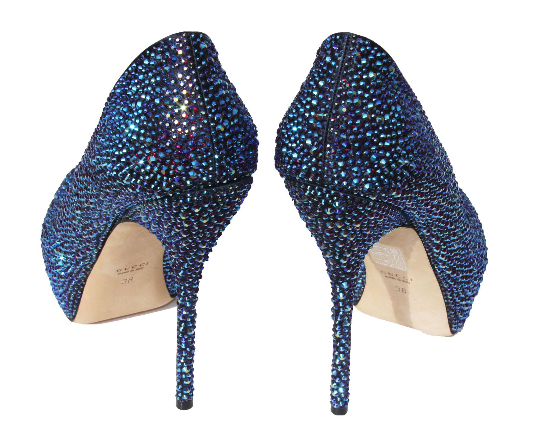 Black New $2, 295 Gucci Sofia Etoile Blue Crystal Encrusted Peep Toe High-Heel Pump 38 For Sale