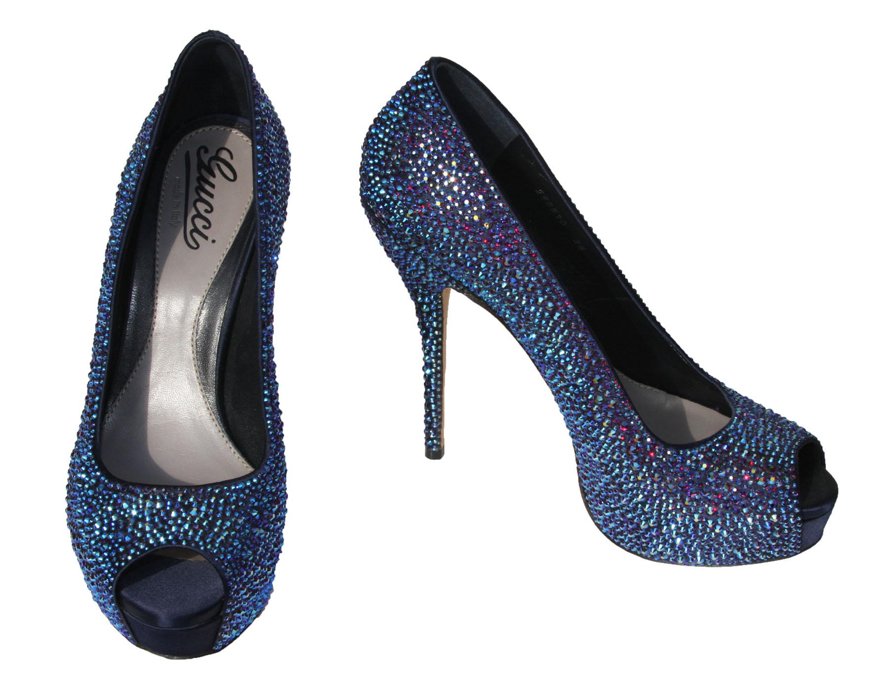 New $2, 295 Gucci Sofia Etoile Blue Crystal Encrusted Peep Toe High-Heel Pump 38 In New Condition For Sale In Montgomery, TX