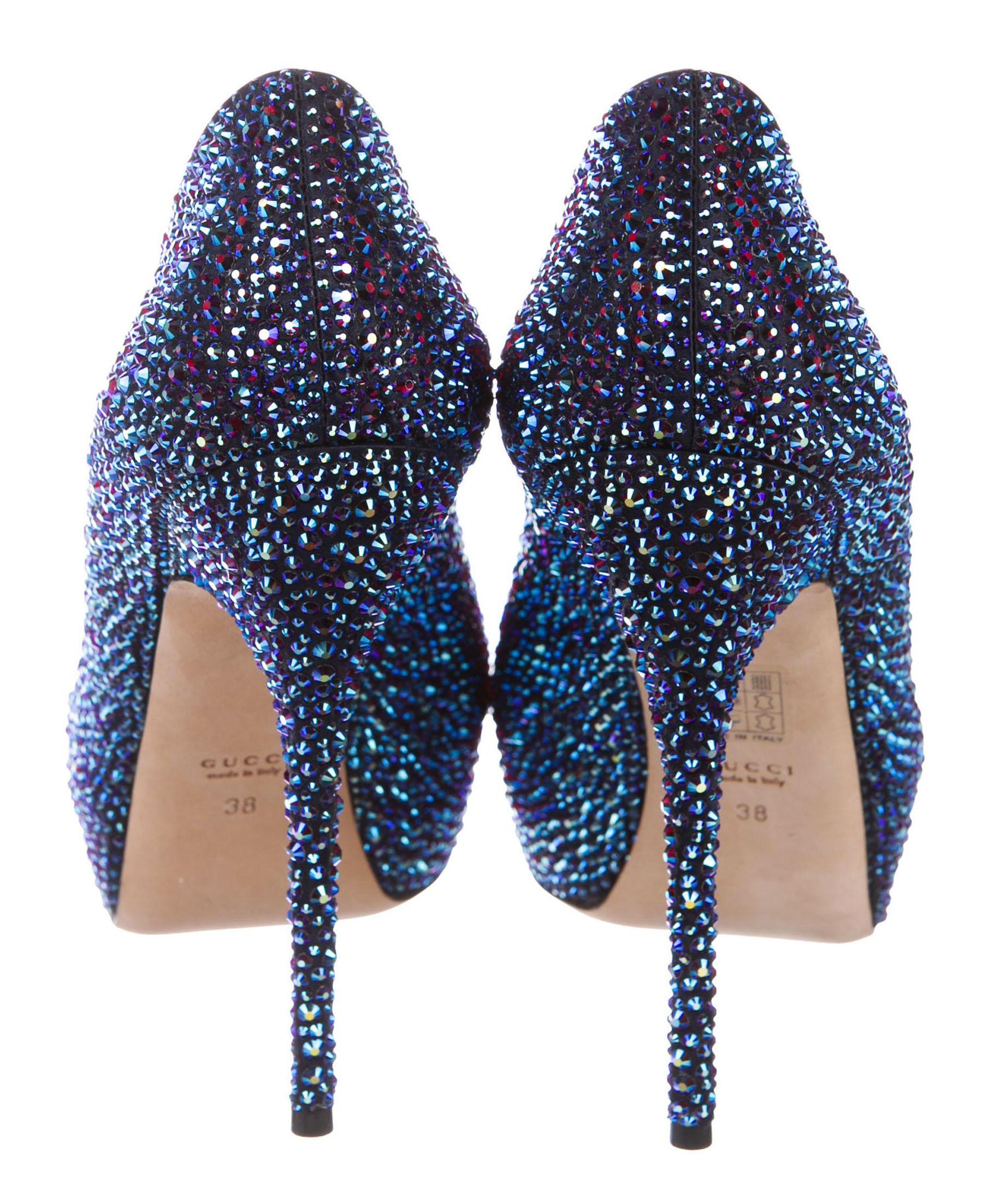New $2, 295 Gucci Sofia Etoile Blue Crystal Encrusted Peep Toe High-Heel Pump 38 For Sale 1