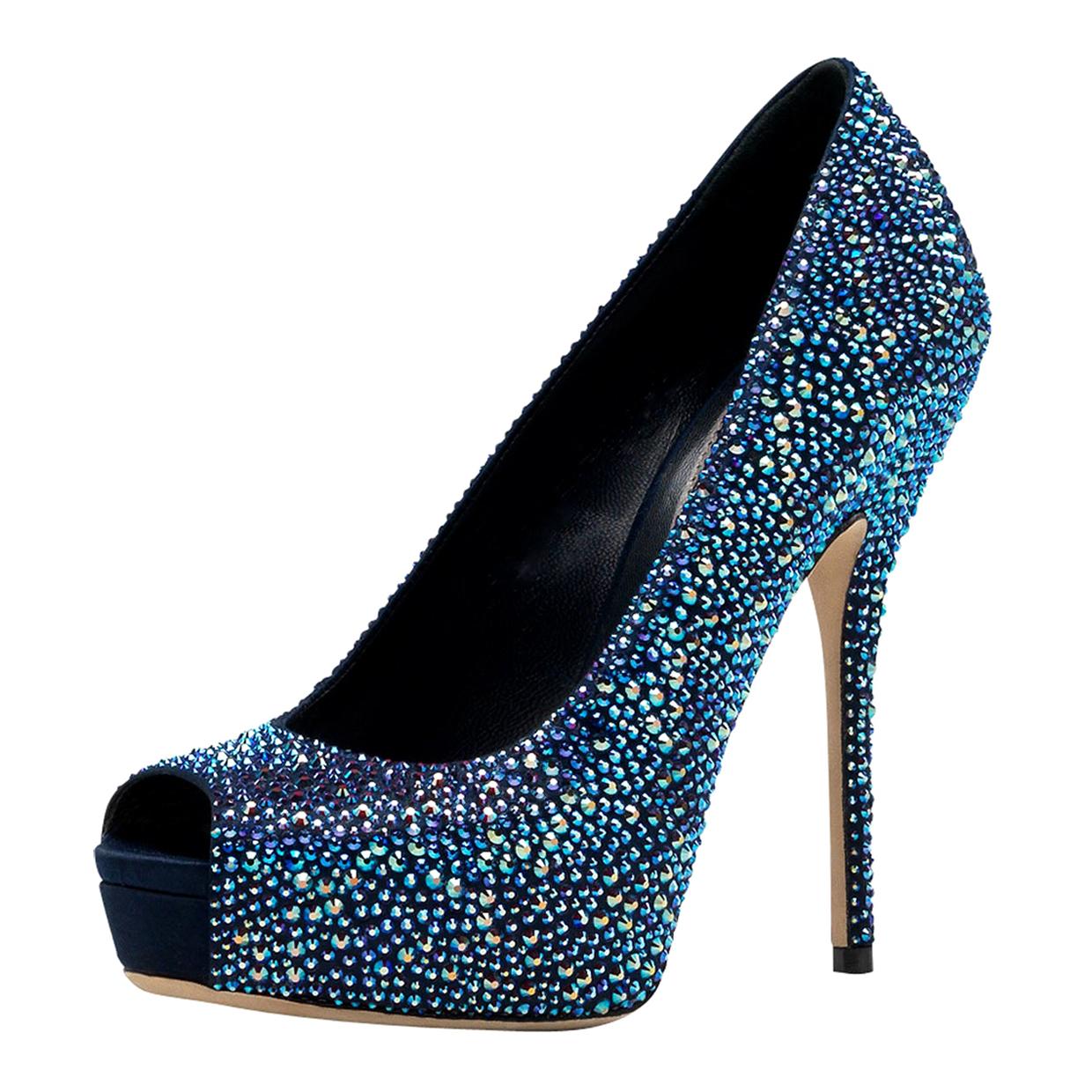 New $2 295 Gucci Sofia Etoile Blue Crystal Encrusted Peep Toe High-Heel Pump 38 en vente