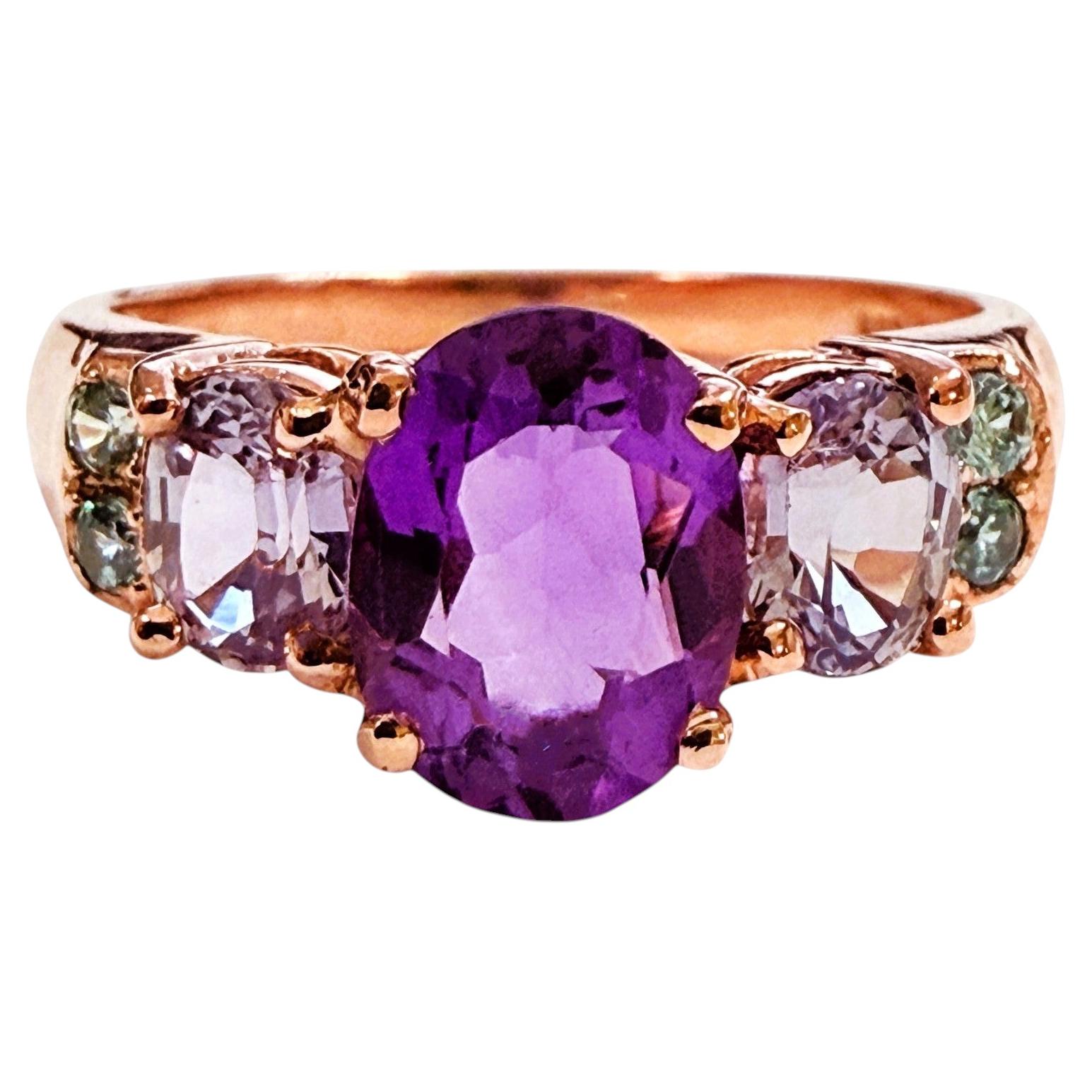 New 2.30 Carat Amethyst & Sapphire Rose Gold Plated Sterling Silver Ring