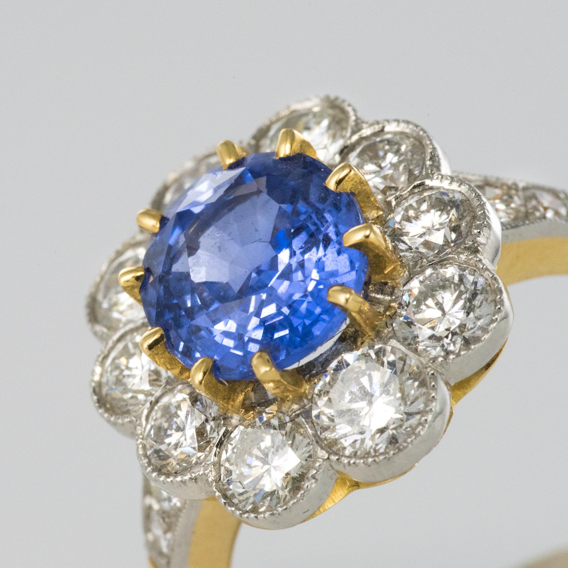 New 2.38 Carat Sapphire Diamonds 18 Karat Yellow Gold Daisy Ring In New Condition For Sale In Poitiers, FR