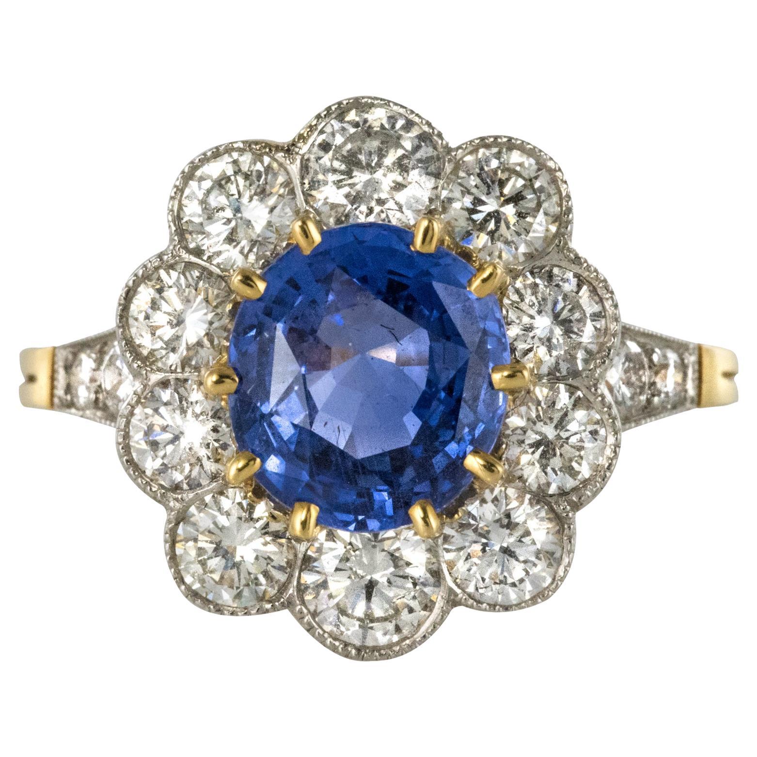 New 2.38 Carat Sapphire Diamonds 18 Karat Yellow Gold Daisy Ring