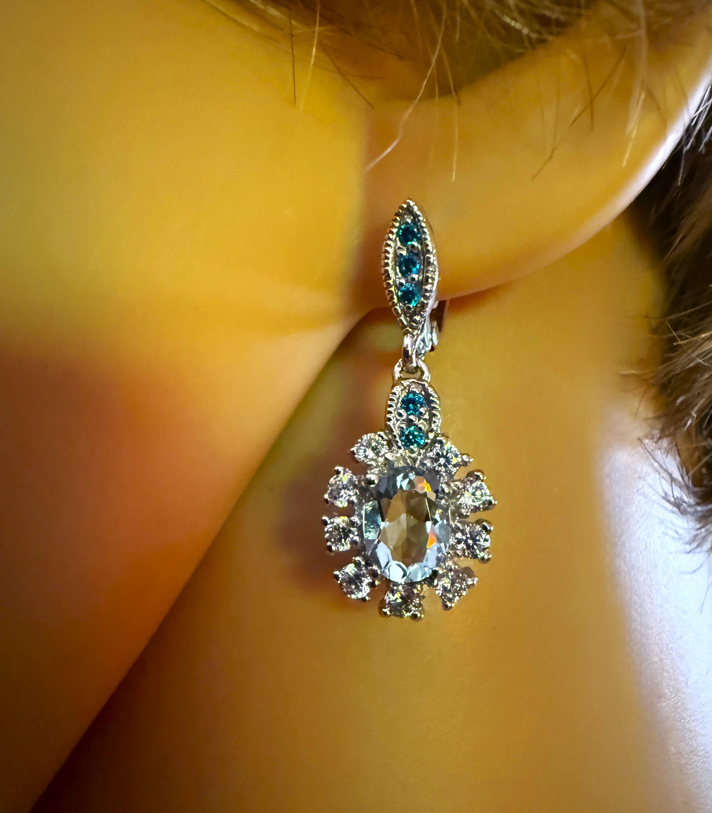 New 2.40 Carat Aquamarine & Diamond Cut Neon Blue Sapphire Earrings 1