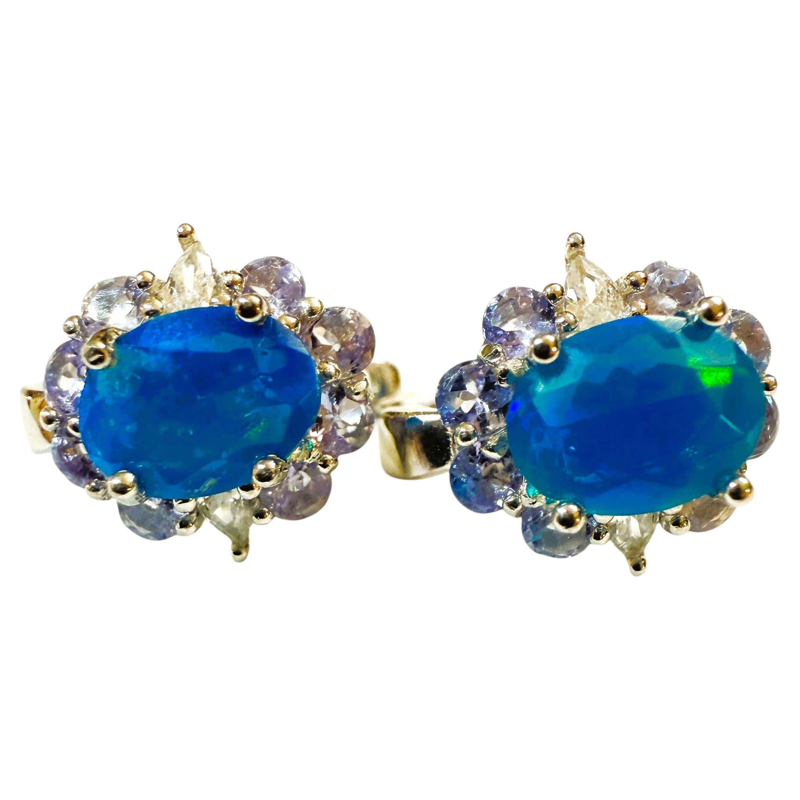 Neue 242 Karat Äthiopischer Blauer Opal & Tansanit mit Diamantschliff Sterling-Ohrringe