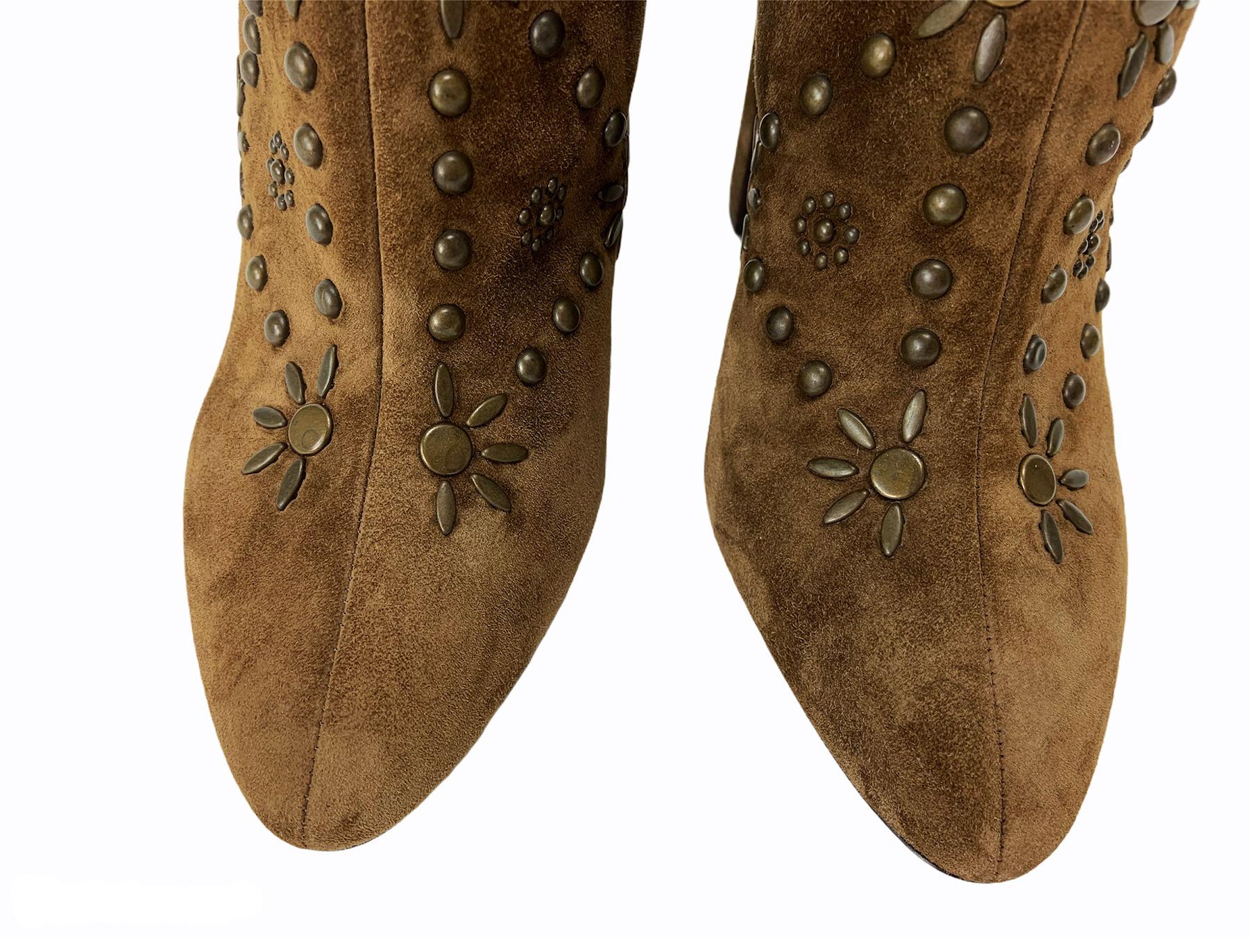 Women's New $2495 Saint Laurent *Ella* Studded Brown Suede Knee Boots It 41  For Sale