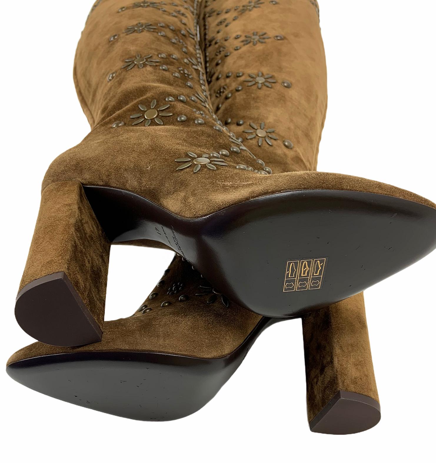 New $2495 Saint Laurent *Ella* Studded Brown Suede Knee Boots It 41  For Sale 2