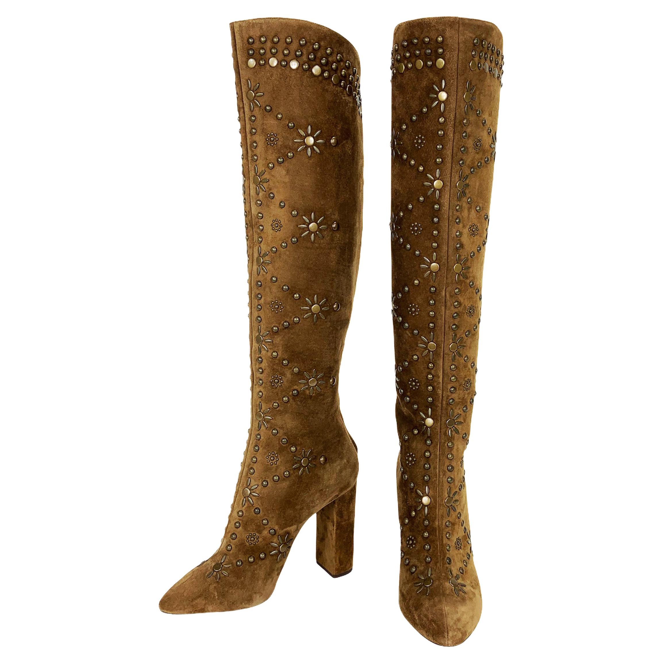 New $2495 Saint Laurent *Ella* Studded Brown Suede Knee Boots It 41  For Sale