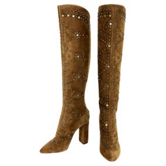 Used New $2495 Saint Laurent *Ella* Studded Brown Suede Knee Boots It 41 