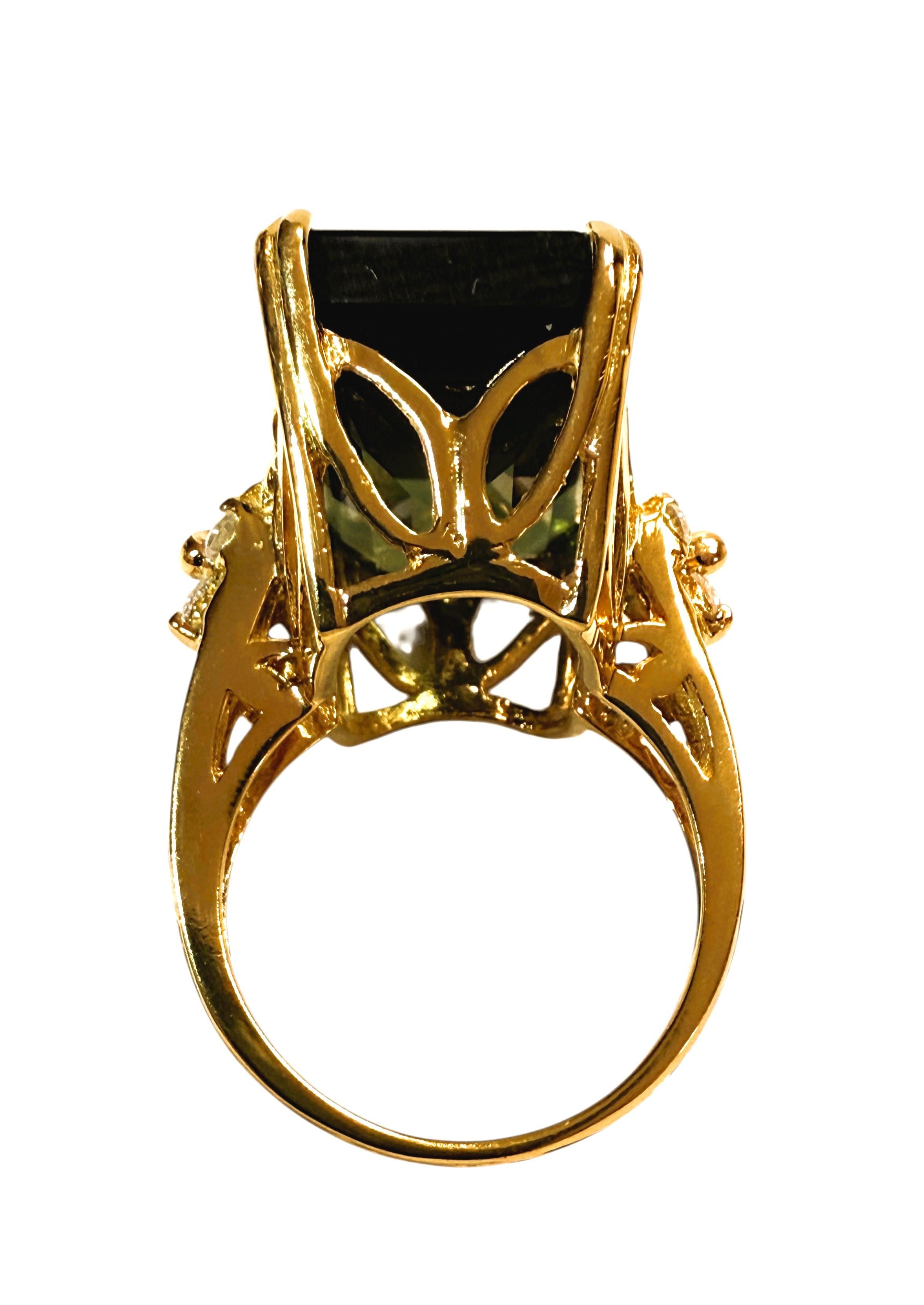 New 24k Gelbgold PL 24 Karat Turmalin & Diamantschliff Saphir Sterling Ring (Baguetteschliff) im Angebot