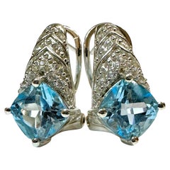 New 2.56 Carat Aquamarine & Diamond Cut Sapphire Earrings w Omega Backs