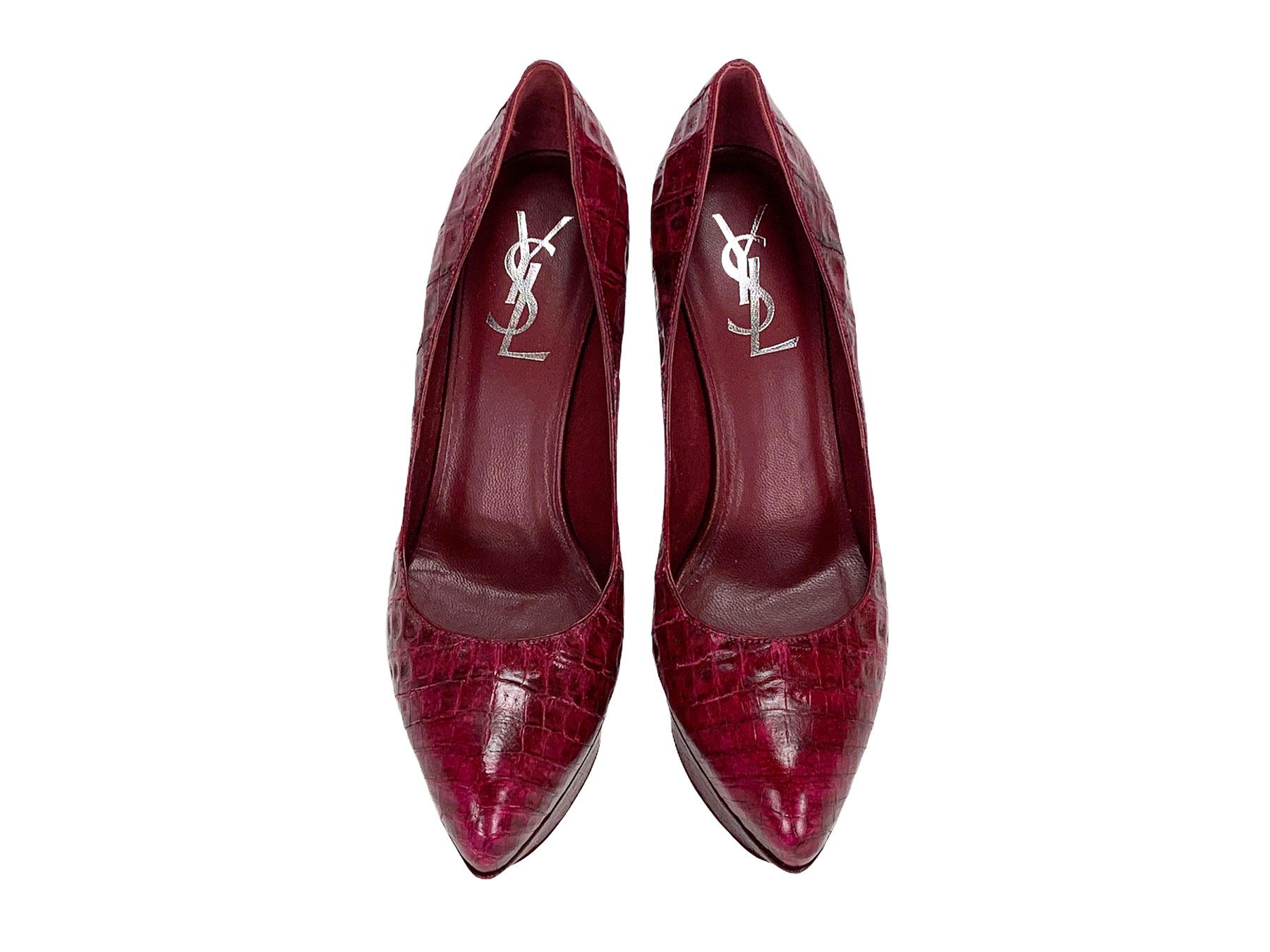 Brown New $2590 Yves Saint Laurent Raspberry Alligator Platform Shoes Pumps 38.5 - 8.5 For Sale