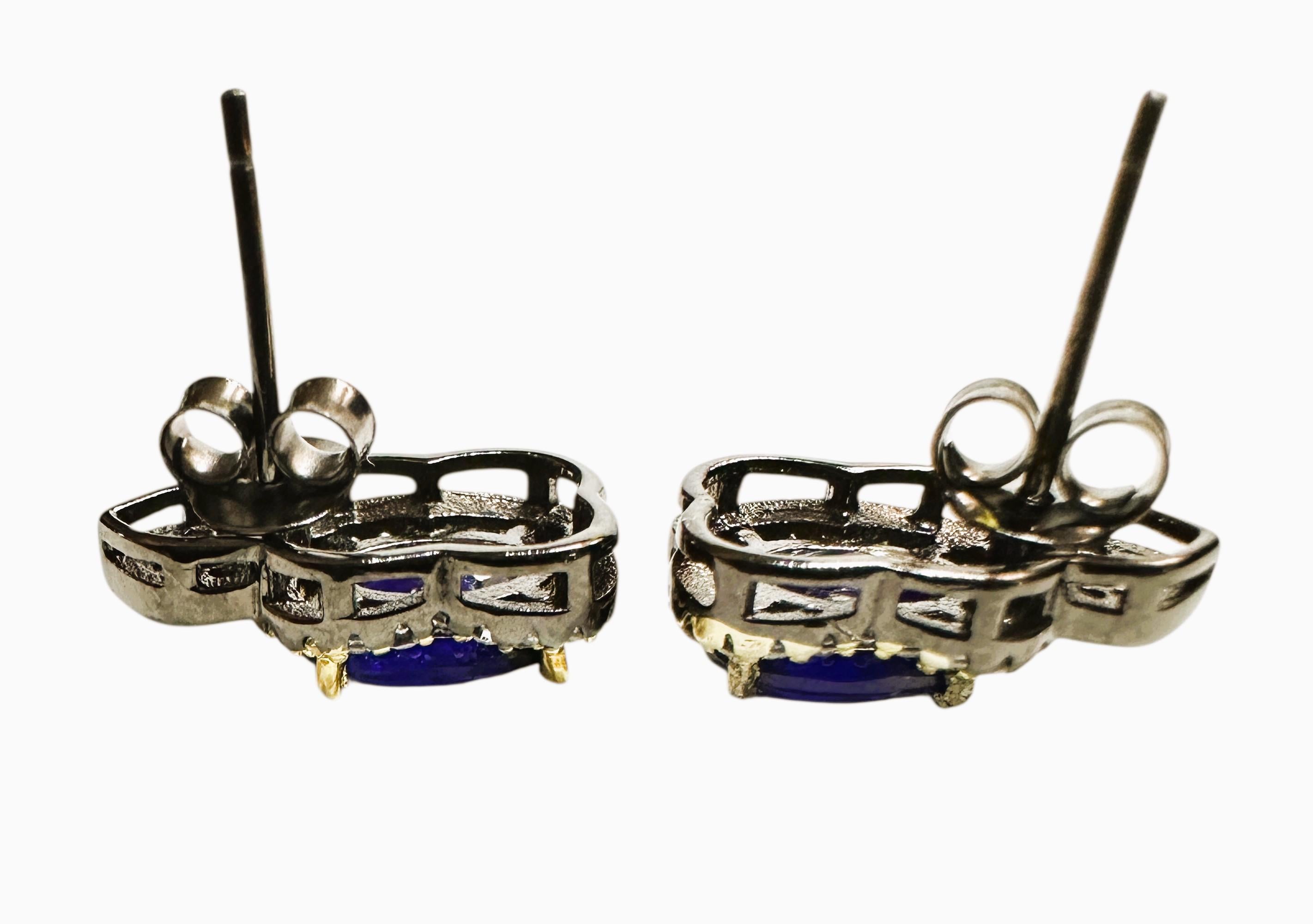 Art Deco New 2.6 Carat Sapphire & Diamond Cut Sapphire & Oxi Pl Sterling Silver Earrings For Sale