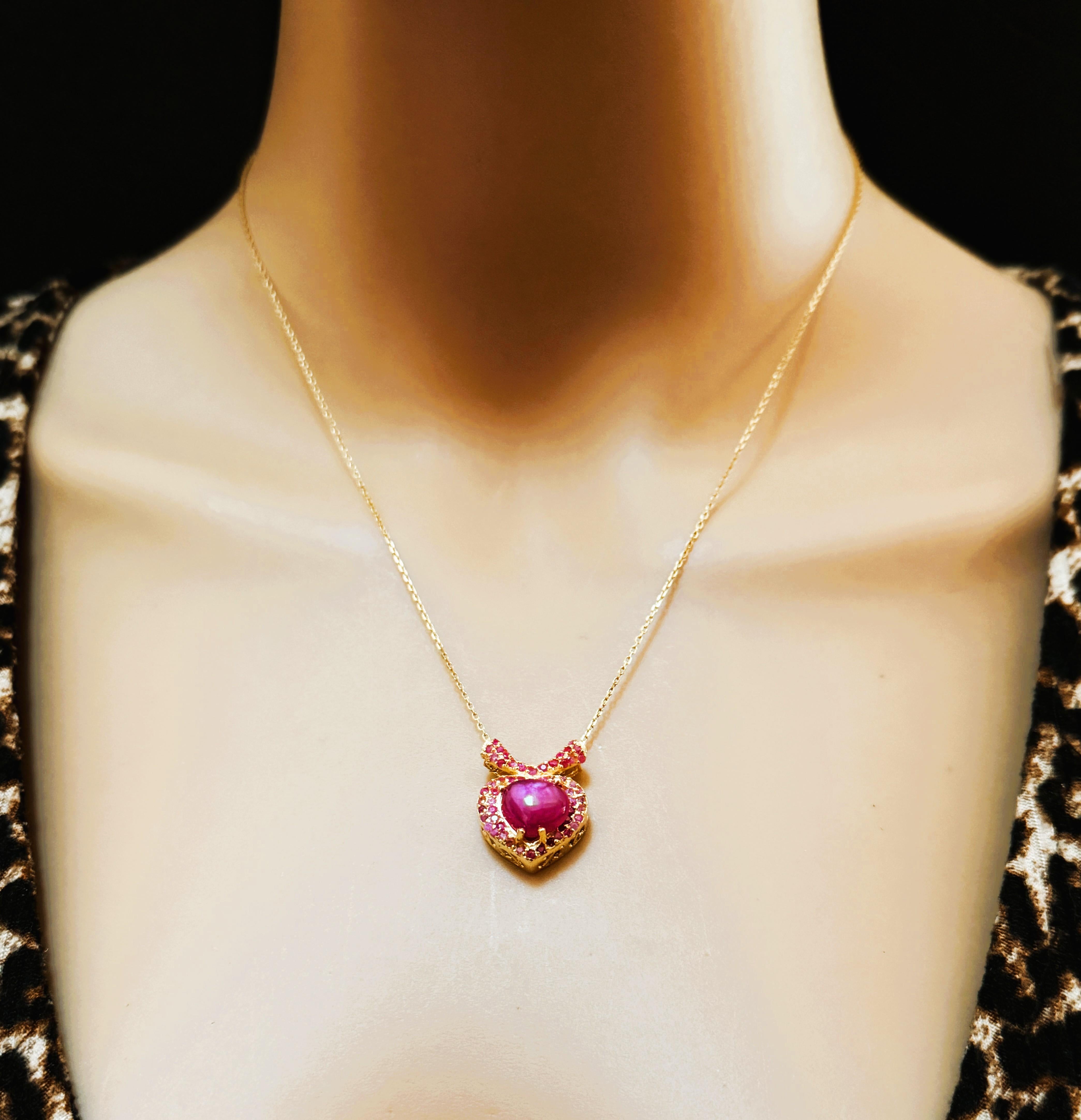 Art Deco New 2.63 Carat Heart Ruby & Diamond Cut Ruby Y Gold PL Sterling Silver Necklace For Sale