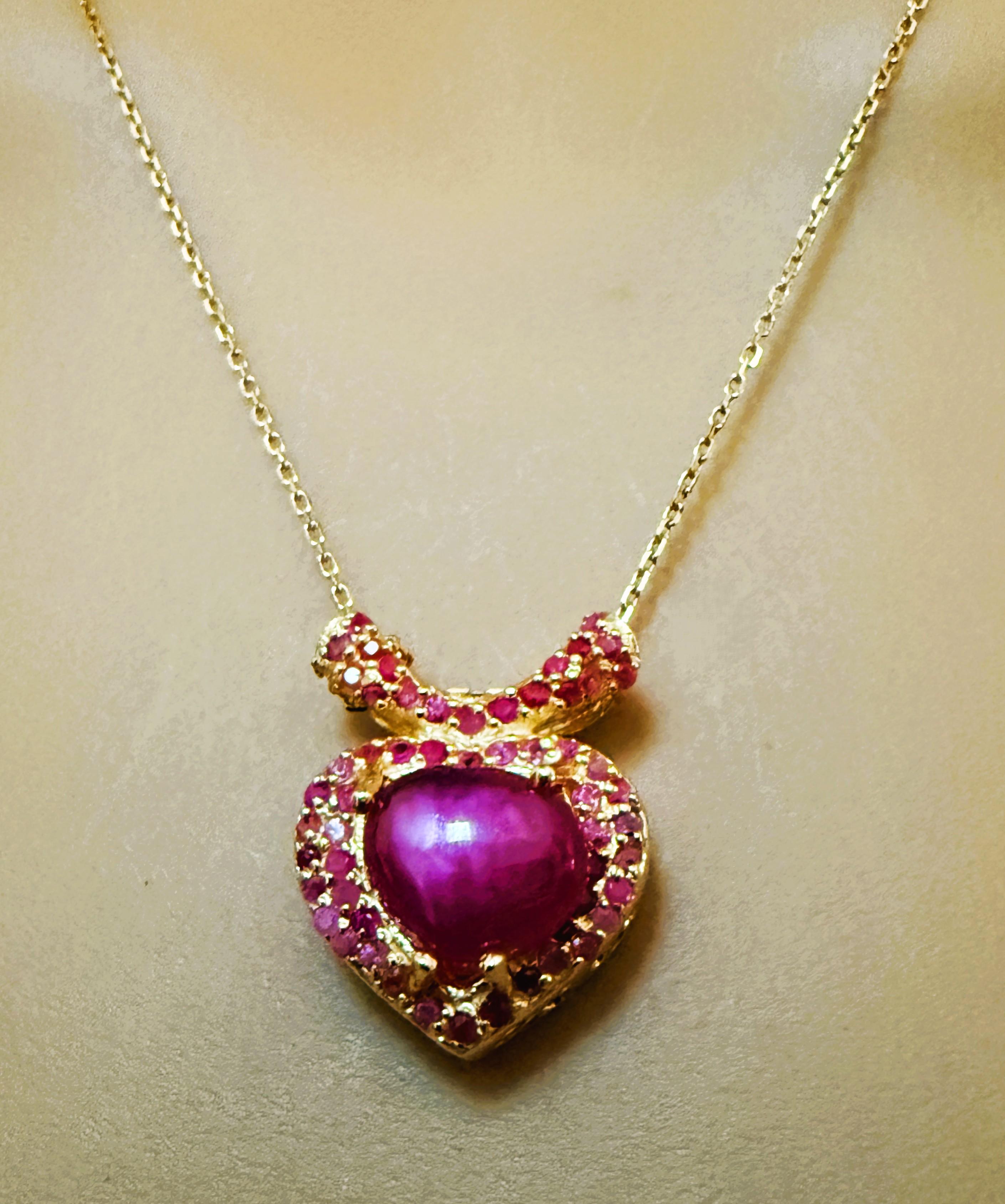 Cabochon New 2.63 Carat Heart Ruby & Diamond Cut Ruby Y Gold PL Sterling Silver Necklace For Sale