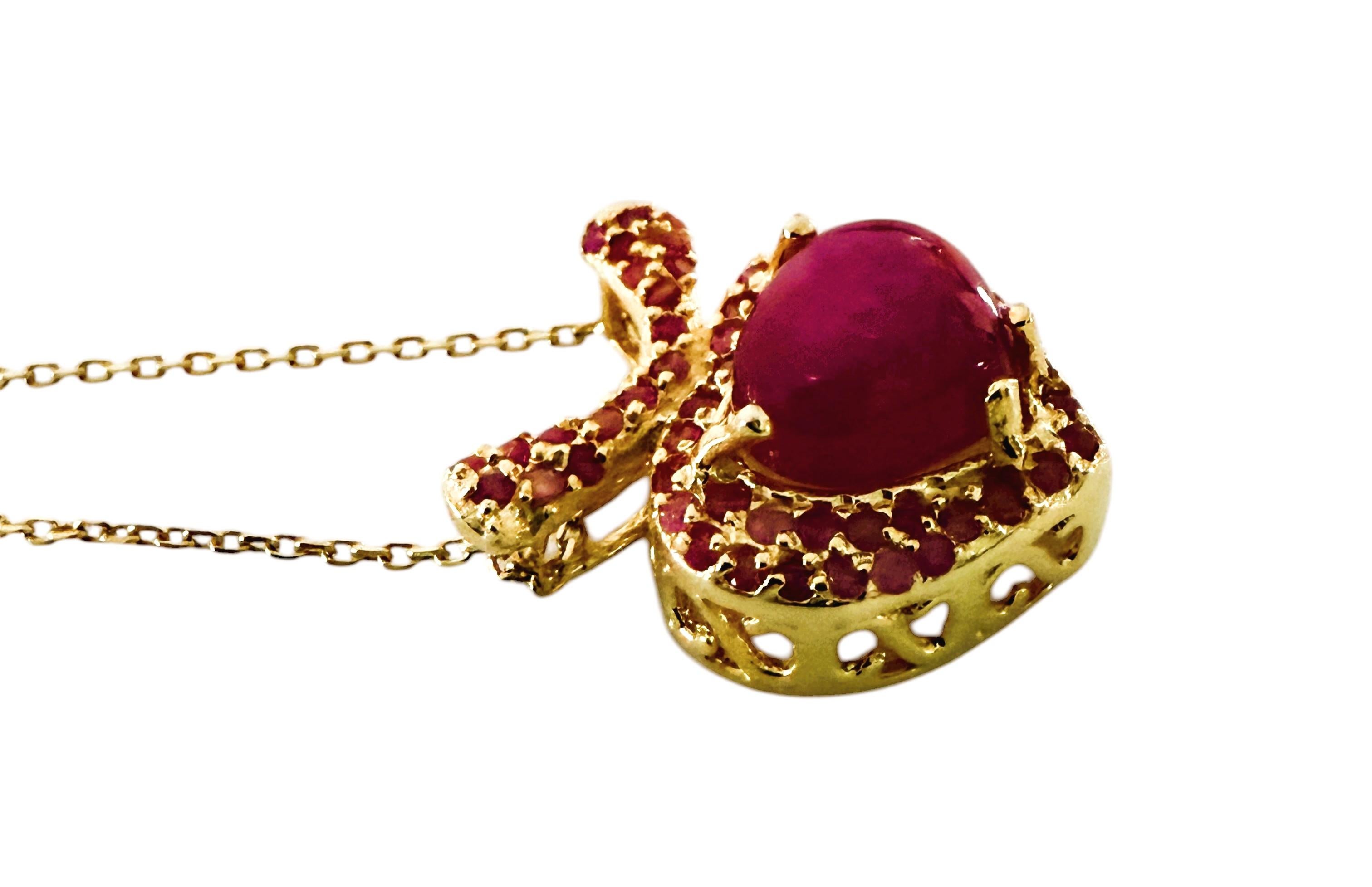 Women's New 2.63 Carat Heart Ruby & Diamond Cut Ruby Y Gold PL Sterling Silver Necklace For Sale