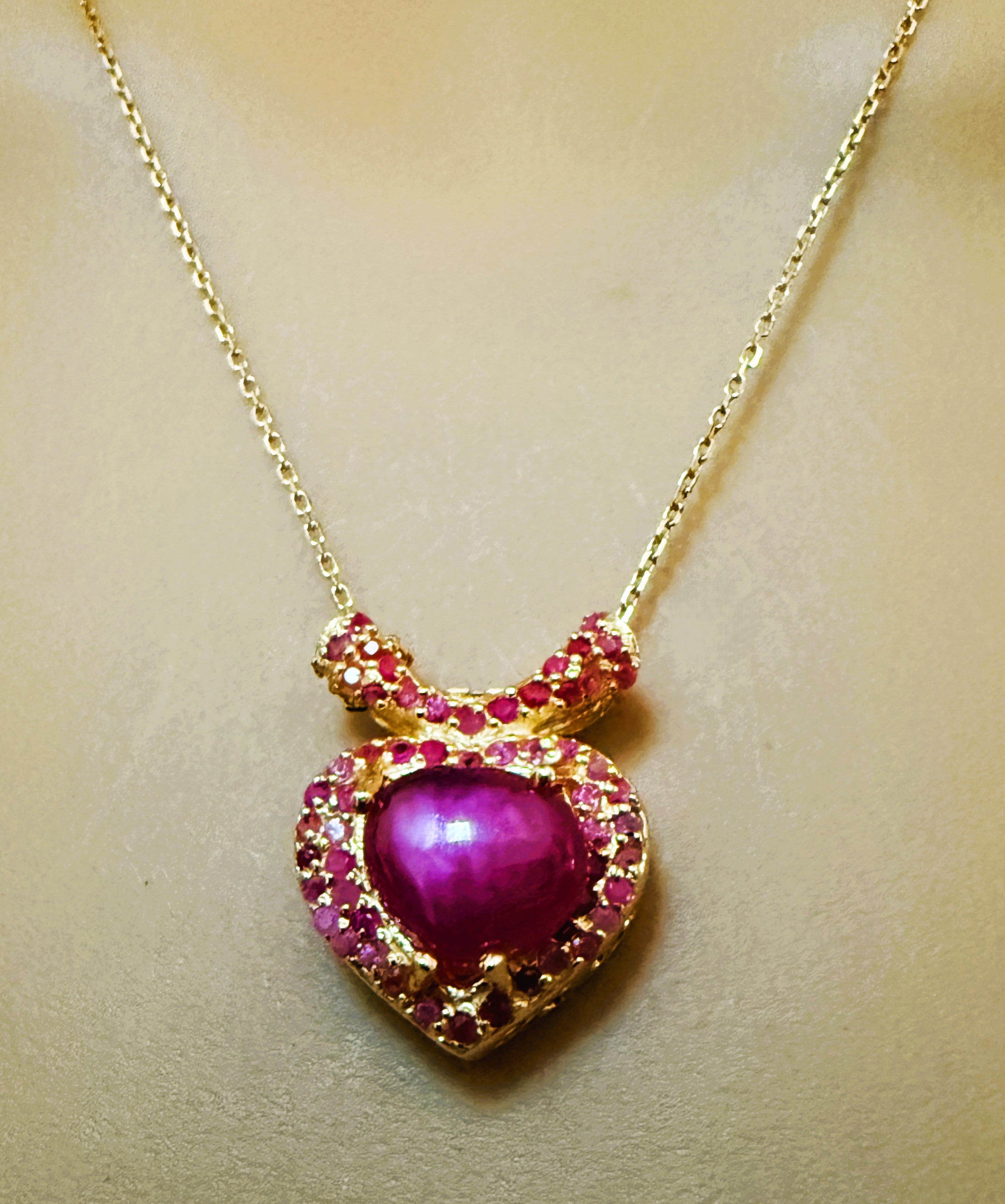 New 2.63 Carat Heart Ruby 
Diamond Cut Ruby Y Gold PL Sterling Silver Necklace For Sale