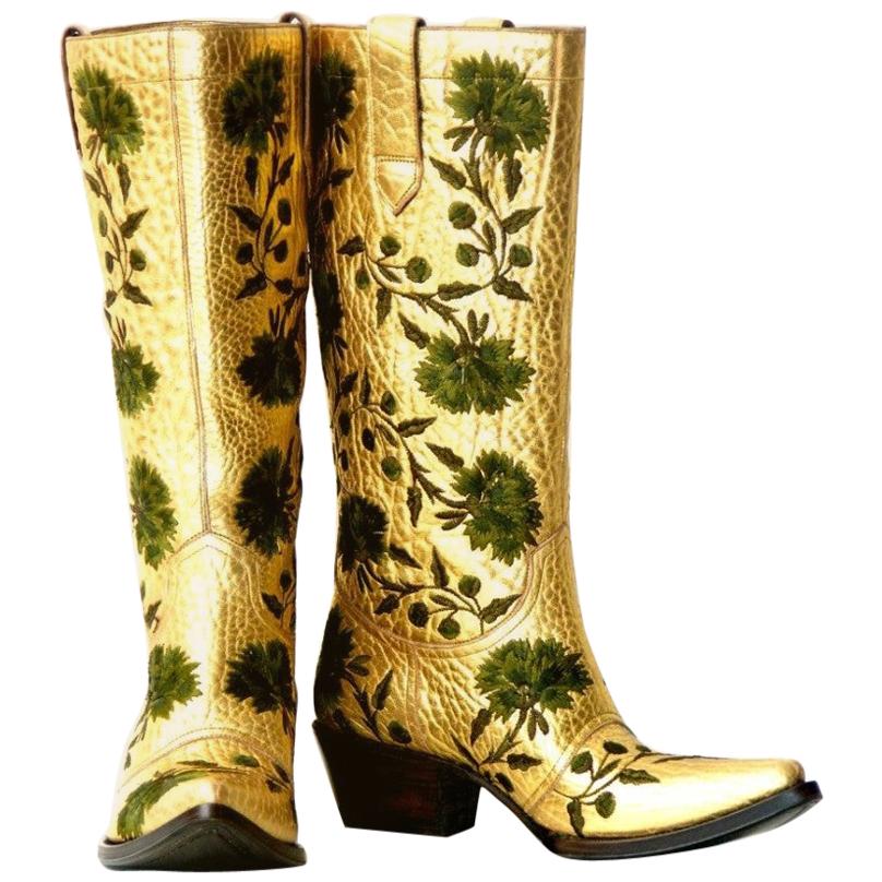 New $2650 GIANNI BARBATO Western Bullhide Leather Embroidered Boots  35.5 - 5.5 For Sale